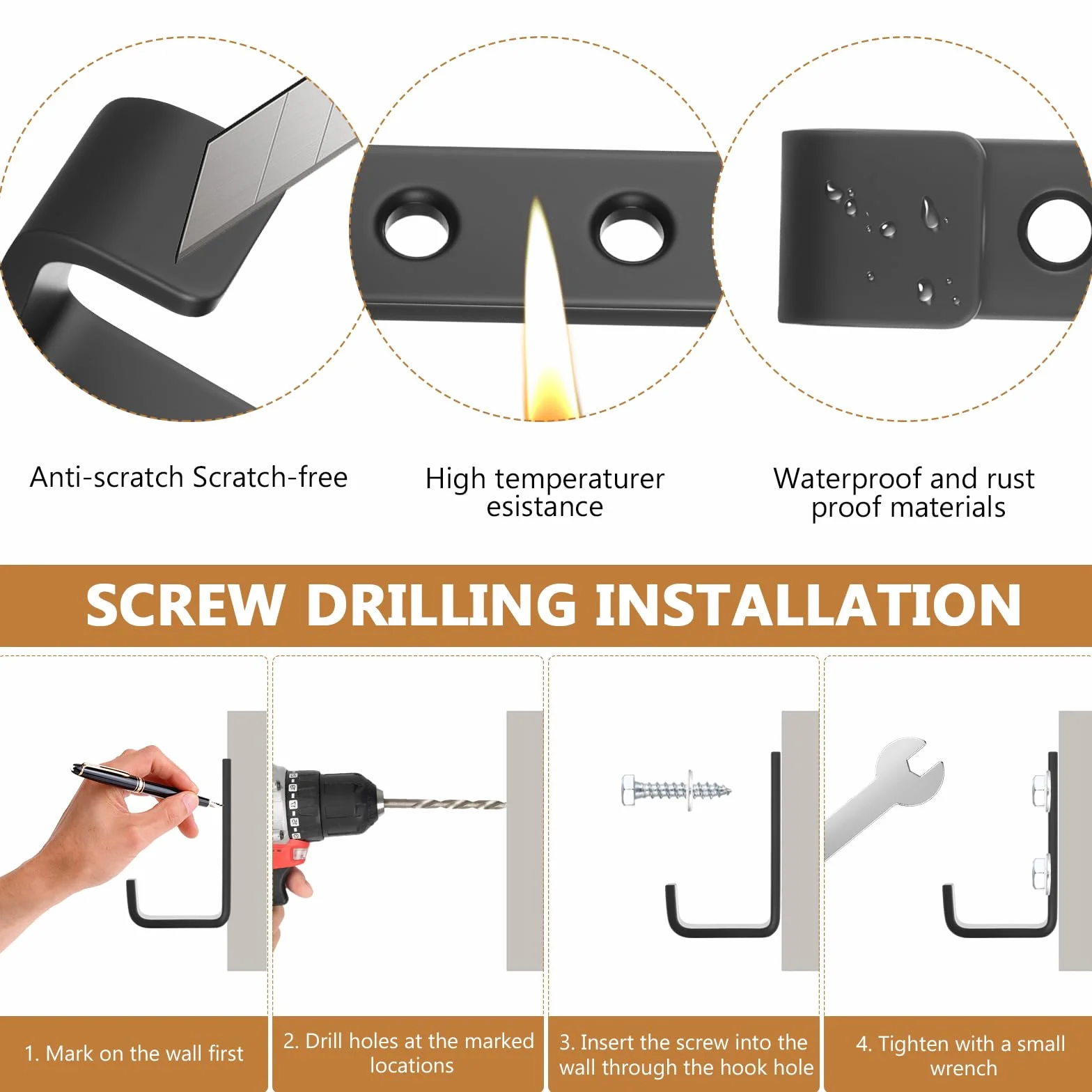 Gancho de Pared para Garaje en J Resistentes, 2 Piezas para Colgar Herramientas, Mangueras, Escaleras con Tornillos (Negro)