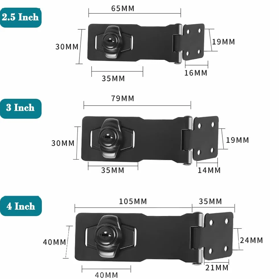 Cerradura de cerrojo de ángulo recto 90 grados con llave, cerrojo pequeño de seguridad para puerta, cobertizo (Black 2.5 Inch)