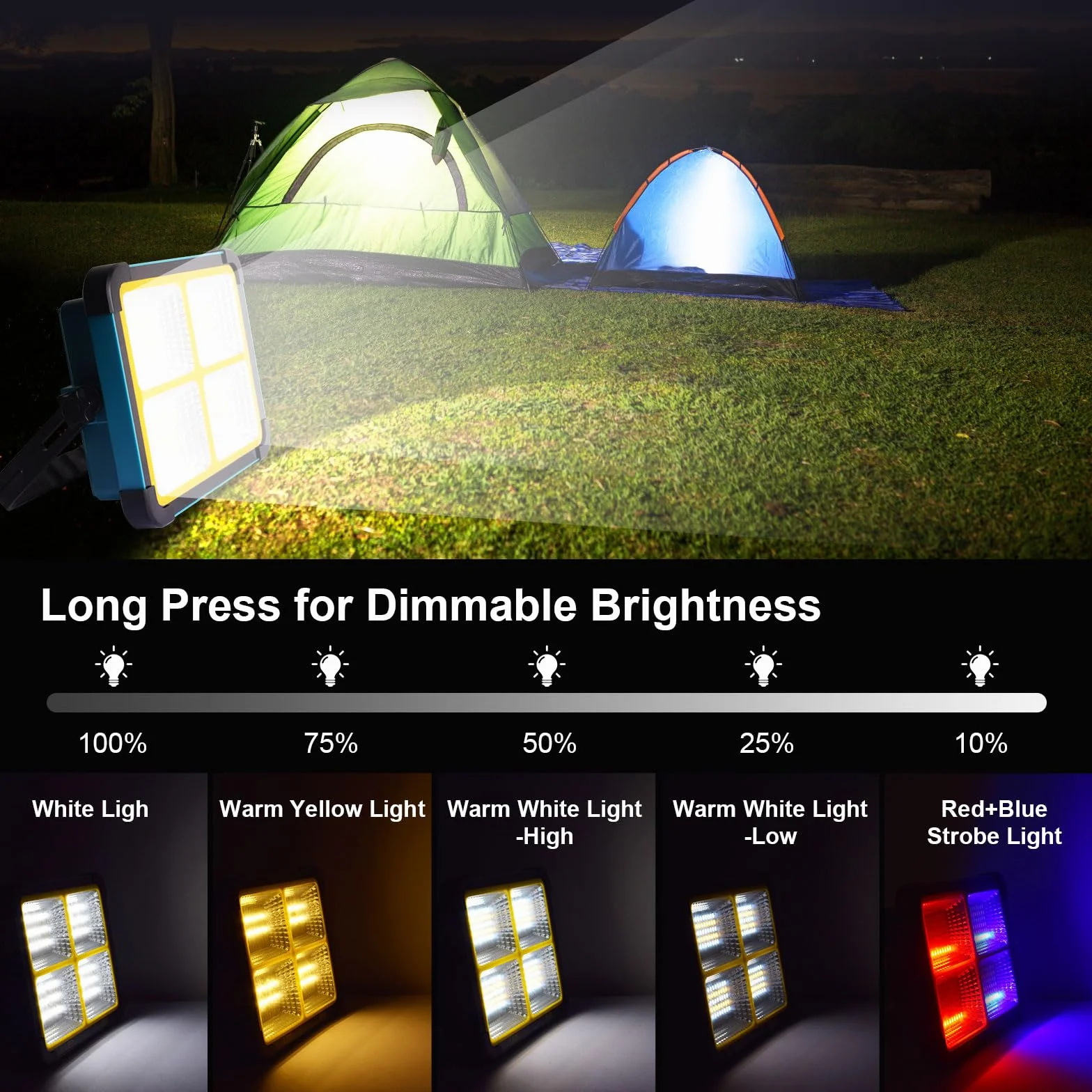 Foco LED Recargable 100W, 10000mAh/ 288 LEDs/Panel Solar/ 5 Modos de Luz/Base Magnética/Banco de Energía, Foco de Trabajo Portátil LED para Camping, Trabajo, Pesca