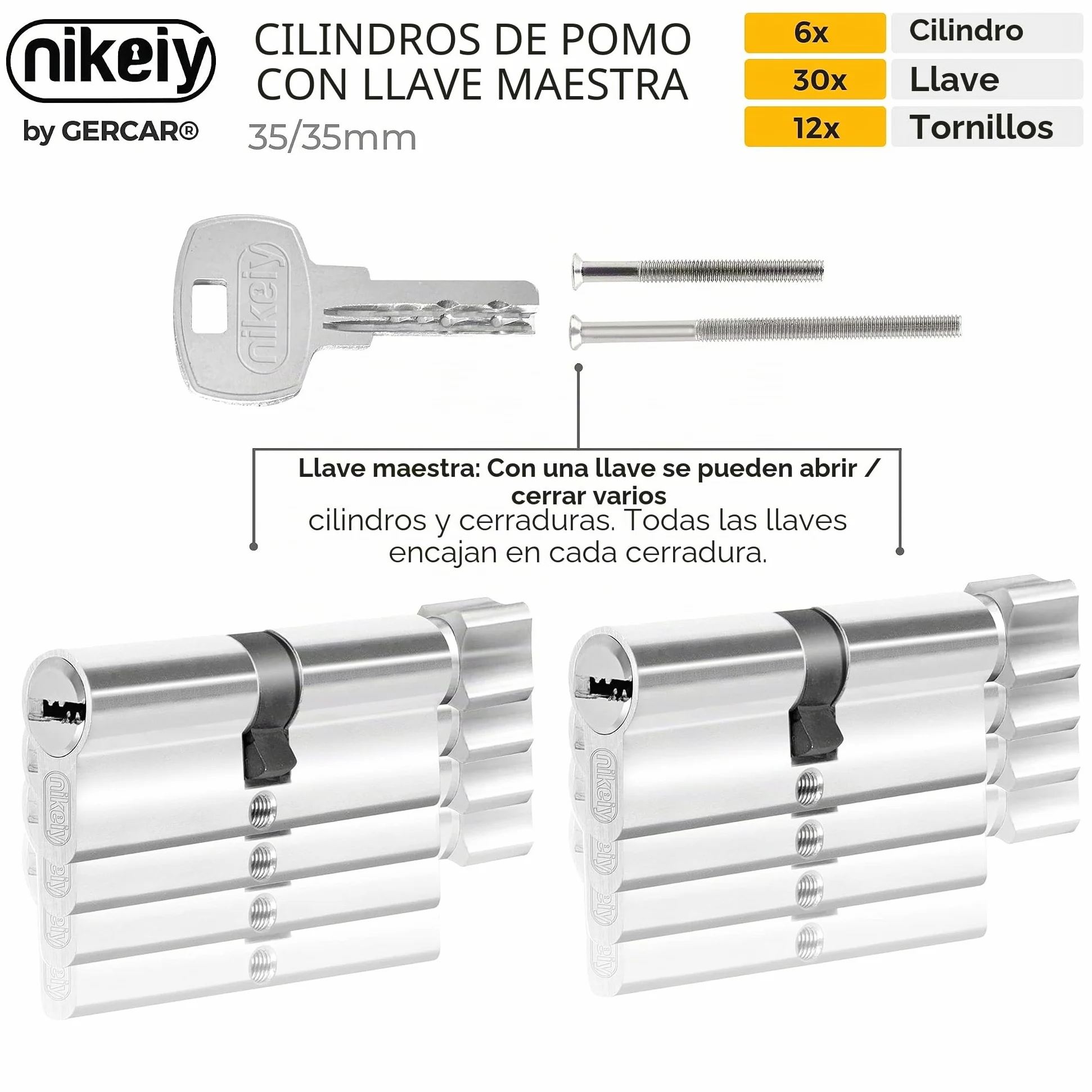 GERCAR 6 cilindros cilíndricos de cierre uniforme 35/35 incl. 30 llaves, cilindro de 70 mm, cerradura de puerta con función de emergencia y peligro, juego de 3 unidades de cierre uniforme – Longitud: