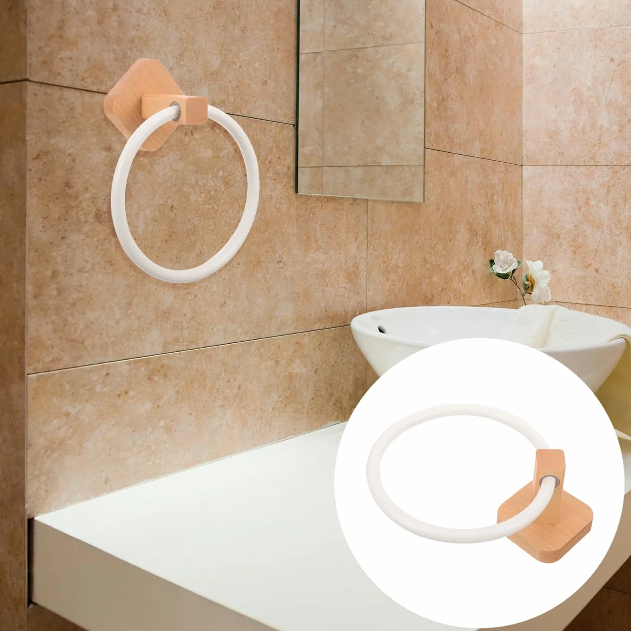 Angoily Toallero de Baño de Madera Adhesivo Sin Perforación 6.69x6.69x3.54in Organizador Circular Compacto para Almacenamiento de Toallas