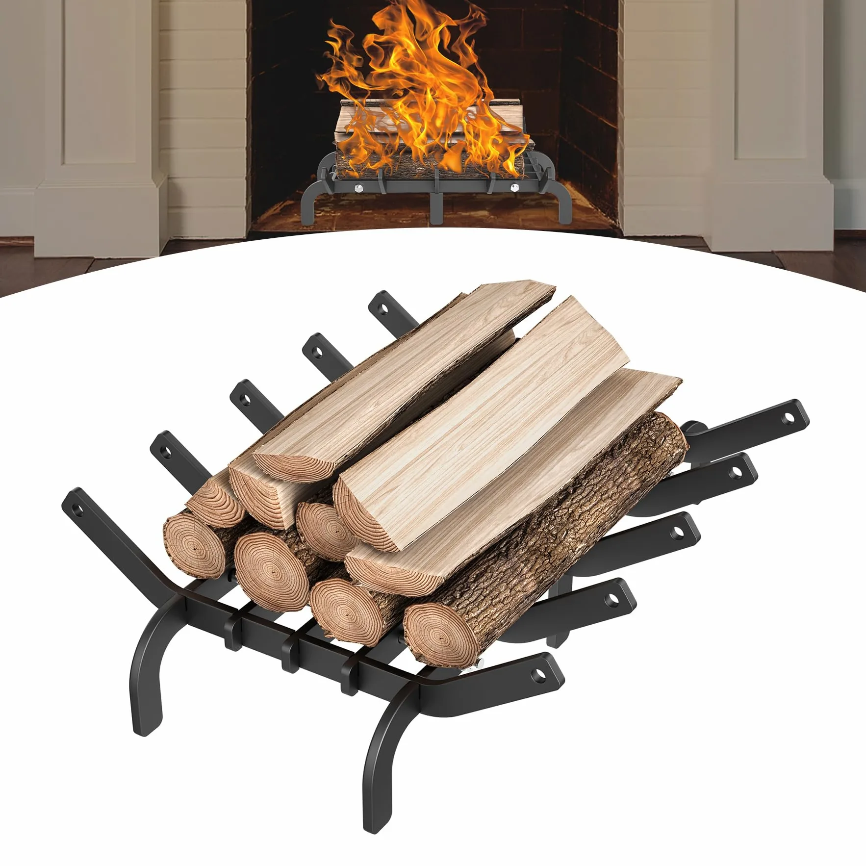 Froadp Parrilla para leña de chimenea Parrilla robusta para chimenea de acero rico en carbono Parrilla de fuego para chimenea leña leña de chimenea soporte para madera con pies soporte para leña para