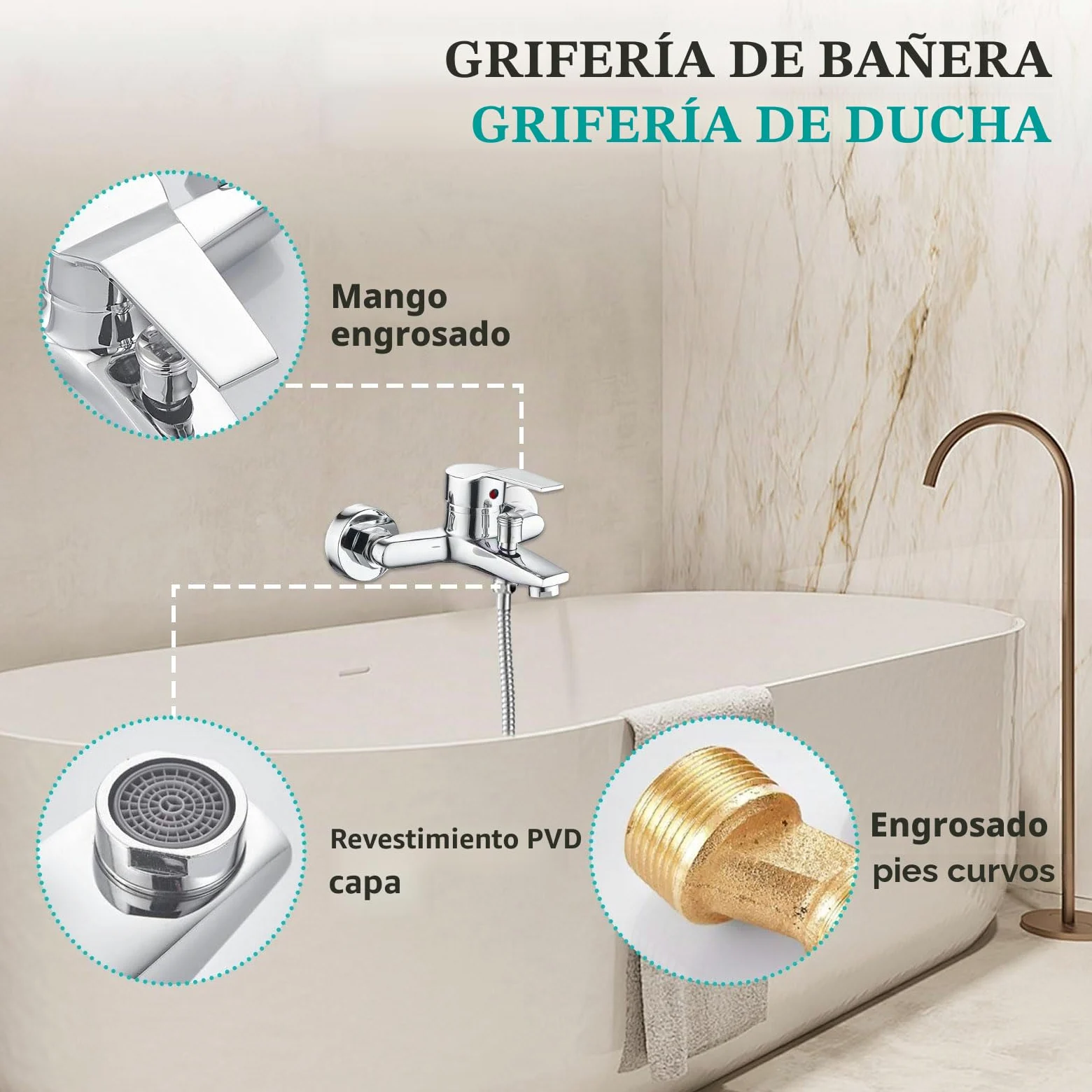 Kit Grifo Mezclador de Bañera, Grifo de Bañera Caliente y Frío con Accesorios de Montaje, Grifería para el Hogar y el Baño