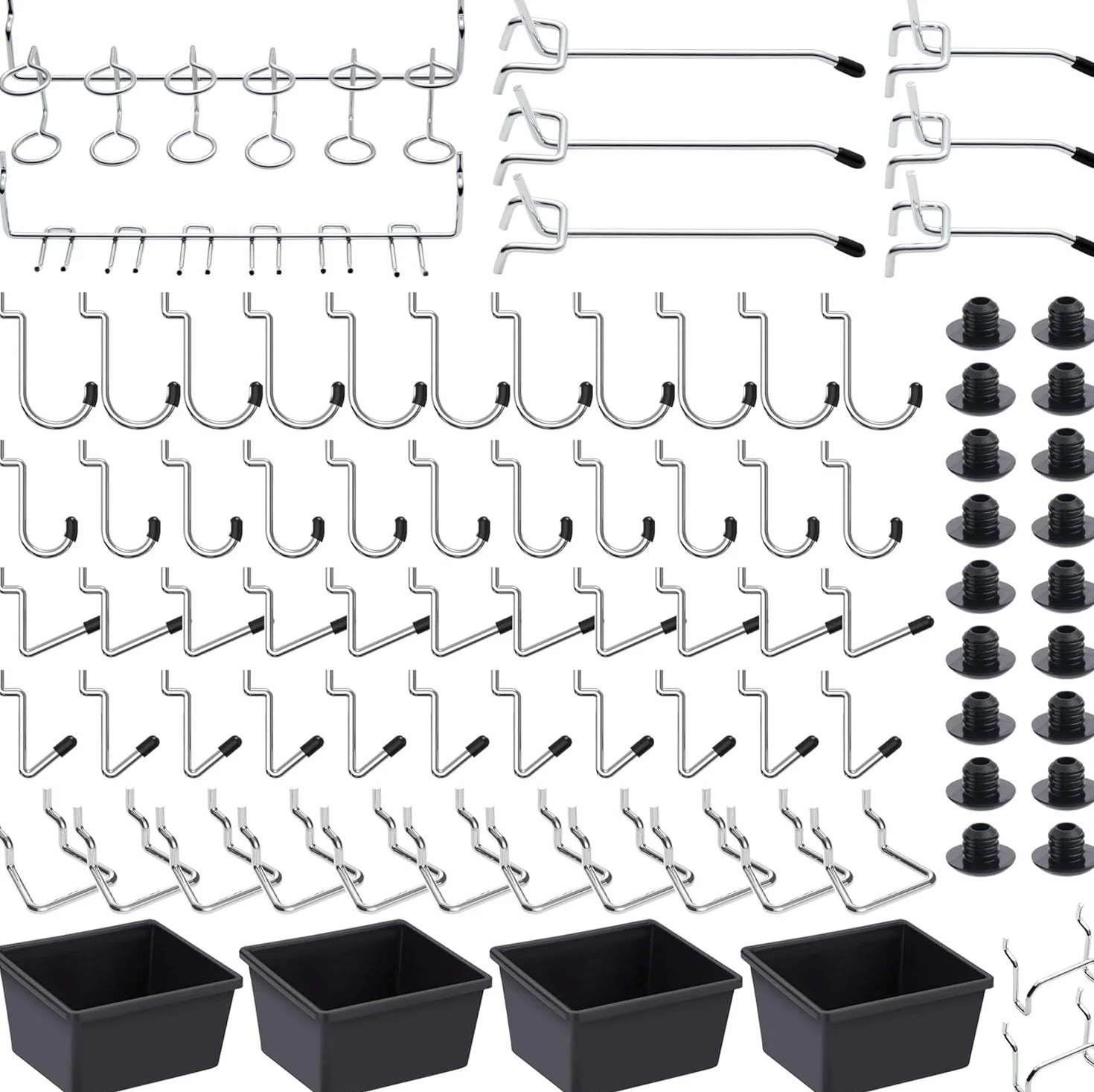 FRIMOONY Variedad de Ganchos para Tablero Perforado, Accesorios para Tablero Perforado, para Organizar Varios Herramientas, 146 Piezas, de las cuales 60 son Cerraduras para Ganchos
