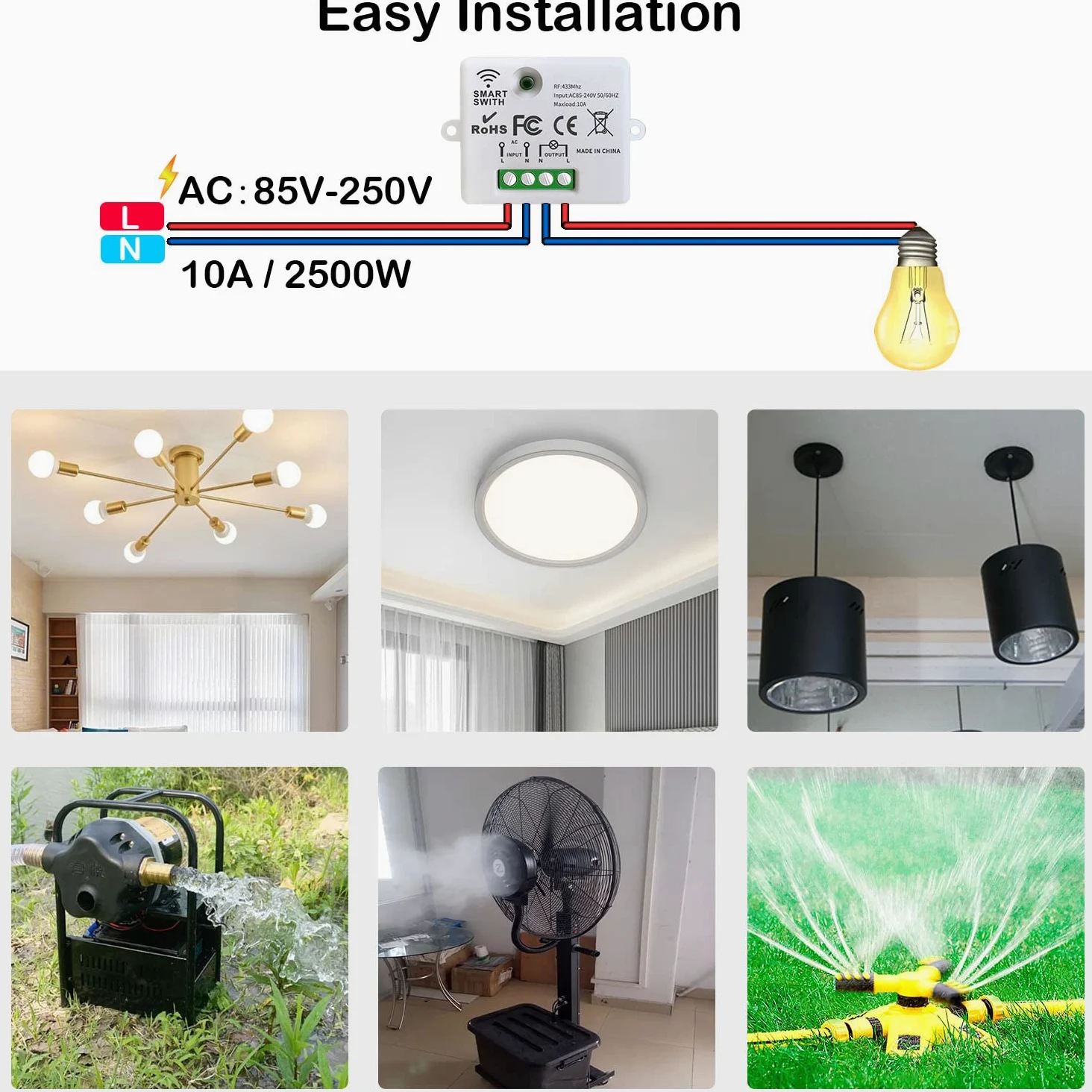 Interruptor De Luz inalambrico Autoalimentado, Sin Batería Interruptor A Prueba De Agua Móvil AC220V 2000W Relé Transmisor De Radio Rango De Control De 100M Para Iluminación De Lámpara