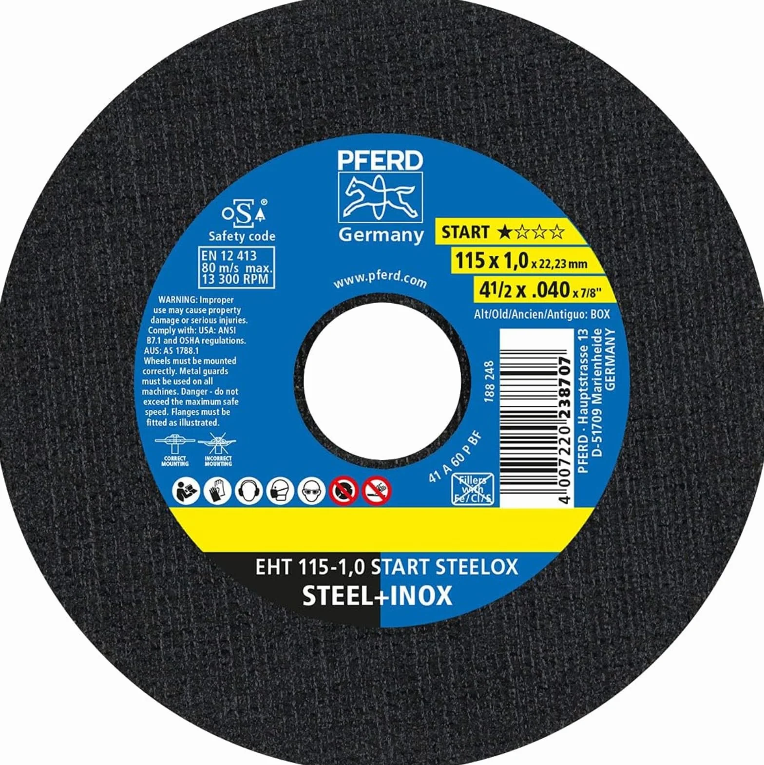PFERD Discos de corte, 25 unidades, EHT 115 x 1,0 x 22,23 mm, línea recta Start STEELOX | 69120943 – para acero, acero inoxidable (INOX)