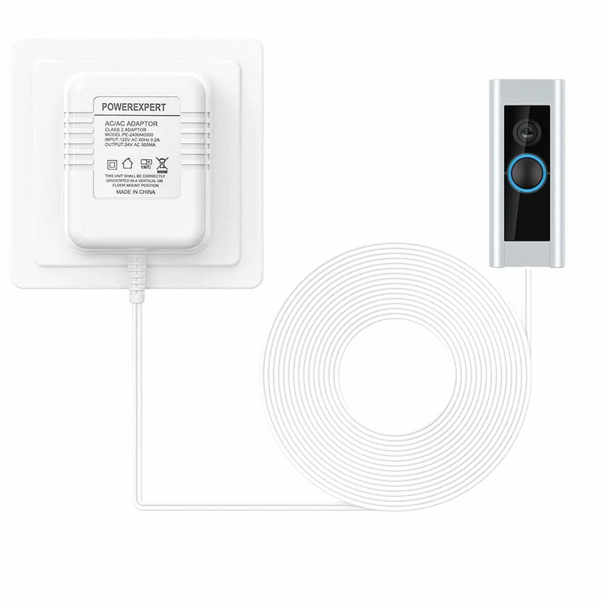 Transformateur de sonnette, 24V 500MA Adaptateur secteur câble transformateur Smart Home accessoires compatibles ring Door Bell Video doorbell 2 Pro (3m white)