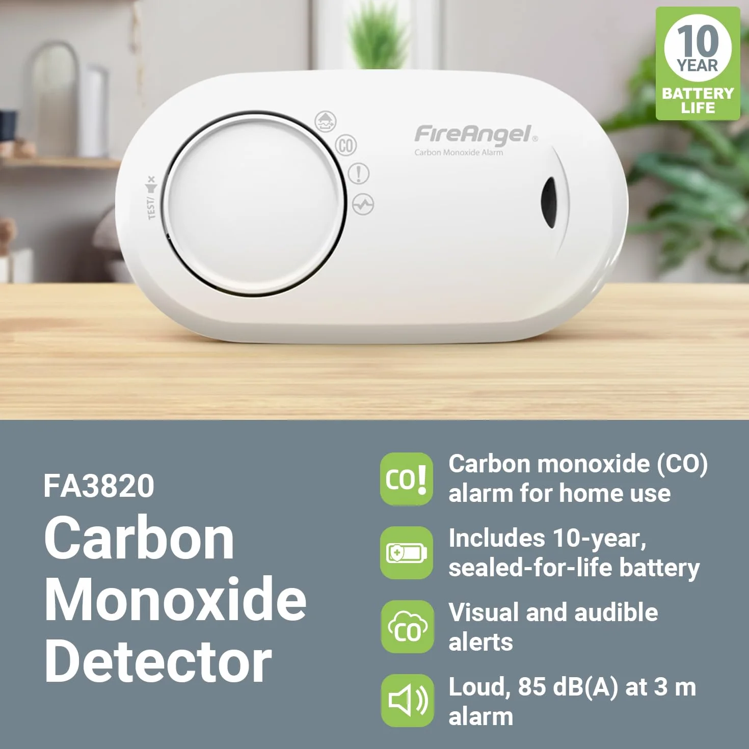FireAngel FA3820 - Alarma de batería sellada con monóxido de Carbono, Transparente
