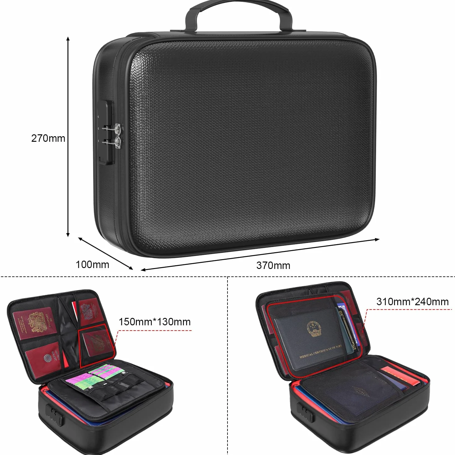 QNIGLO Caja Fuerte Ignífuga con Cerradura, bolsa organizador impermeable, Tarjeta, Certificado Importante con Bolsa Organizadora de Varias capas, bolsa de documentos para el hogar oficina viajes