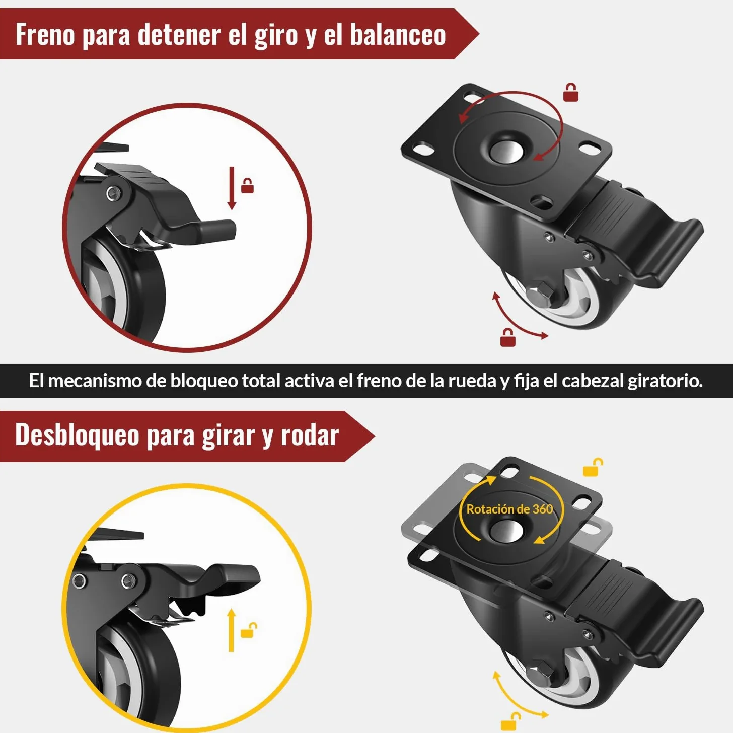 Ruedas Giratorias 100 mm - Ruedas para muebles pesados - Capacidad máxima de carga 600 kg (2 con freno y 2 sin freno)