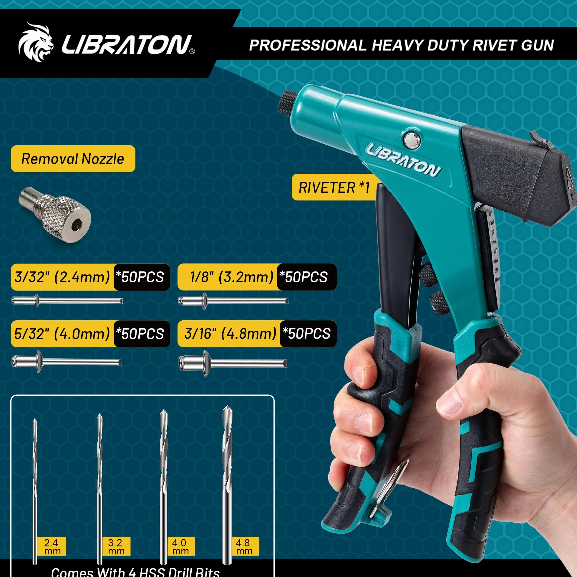 LIBRATON Remachadora Manual, Pistola Remachadora, Remachadora Profesional con Contenedor de Eje, Herramienta de Remachado, Boquillas Intercambiables Sin Herramienta, para Remachar Remaches De Aluminio