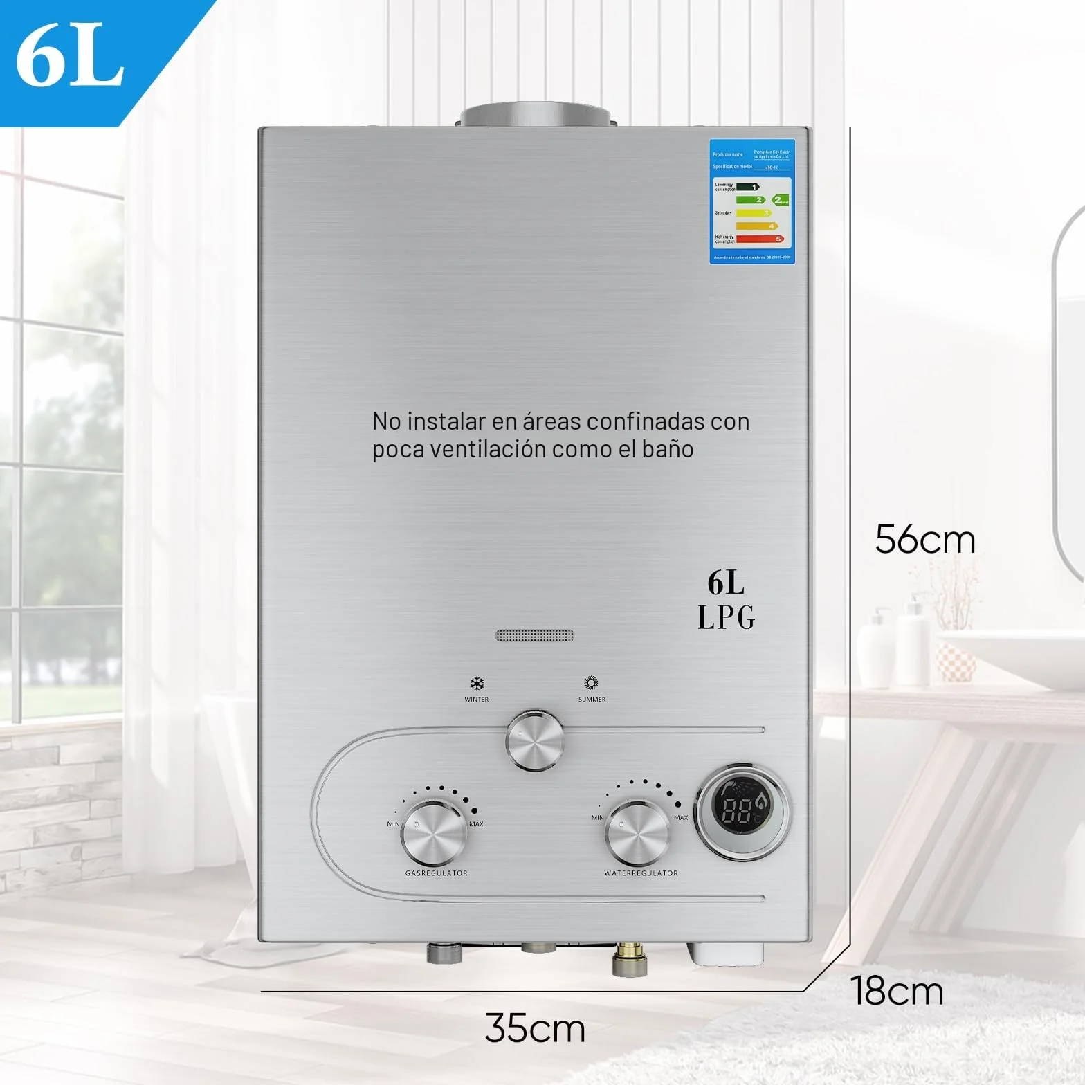 Calentador de agua a gas propano GPL 6L 16kw, modo invierno-verano, instantáneo sin depósito, kit ducha para camping RV casa