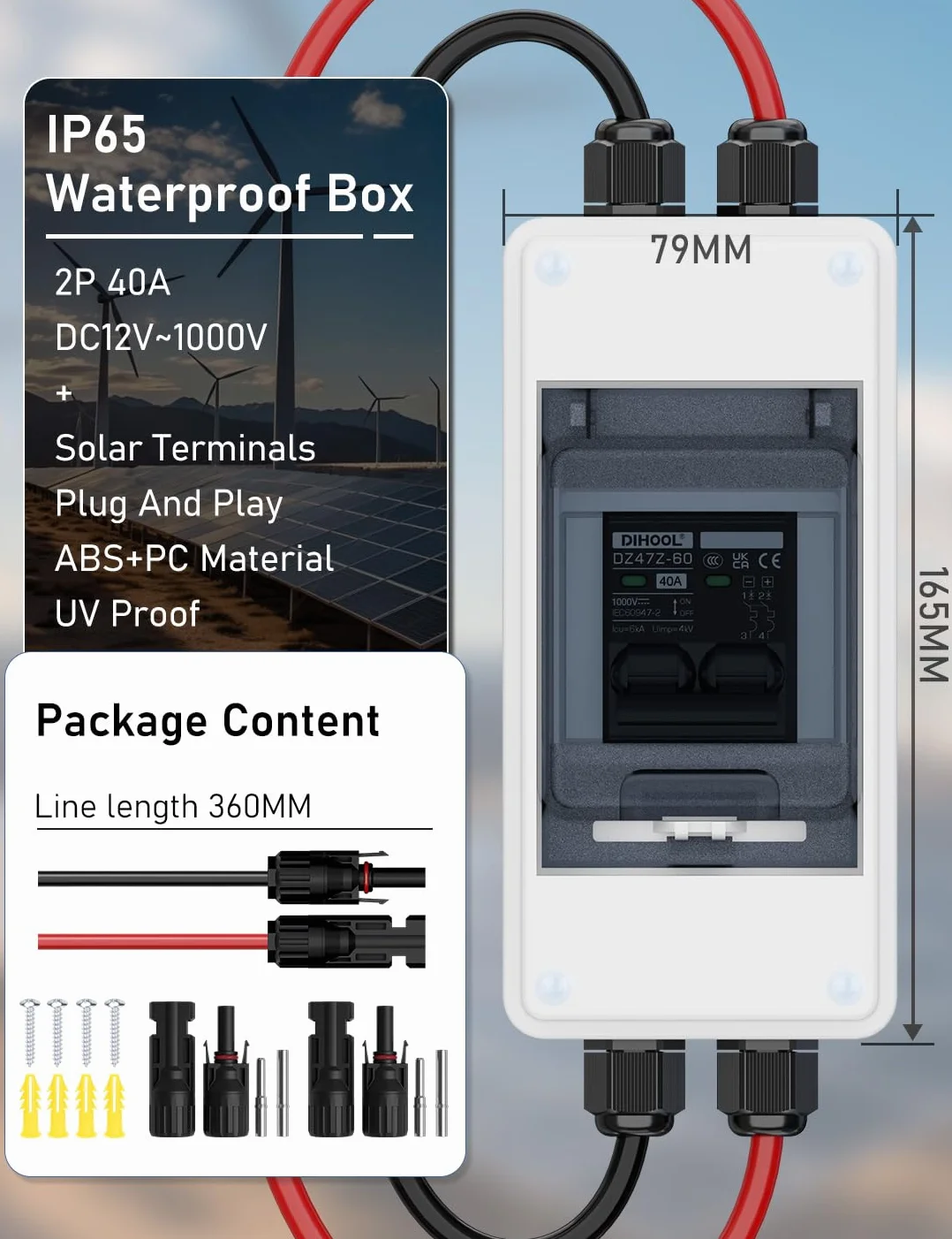 DIHOOL 40A 1000V interruptor de protección de circuito DC disyuntor de protección fotovoltaica con carcasa IP65 impermeable conector solar cable para instalaciones solares