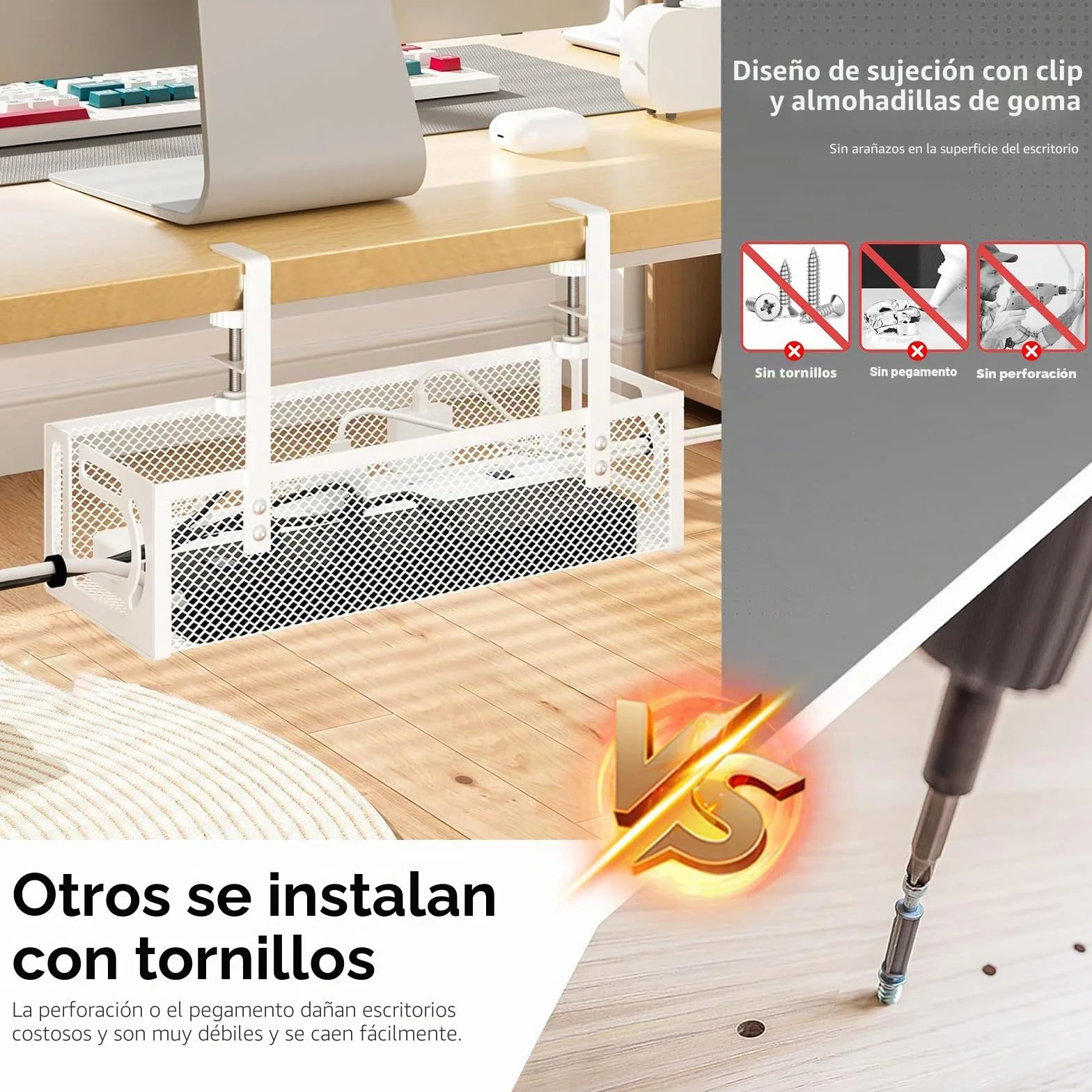 Bandeja de gestión de Cables para Debajo del Escritorio, Organizador de Cables sin Taladro, Bandeja de Cables Ajustable y retráctil, fácil de Instalar, solución de Cables para el hogar u -1 Paquete