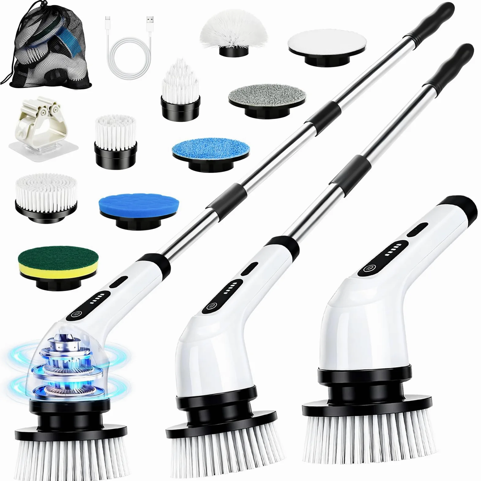 PATEMZON Cepillo Electrico Limpieza Hogar, Cepillo Limpieza Electrico-IPX7 con 9 Cabezales Reemplazables, Dos Velocidades Regulables y Mango Telescópico, para Baño, Cocina, Coche, Azulejos