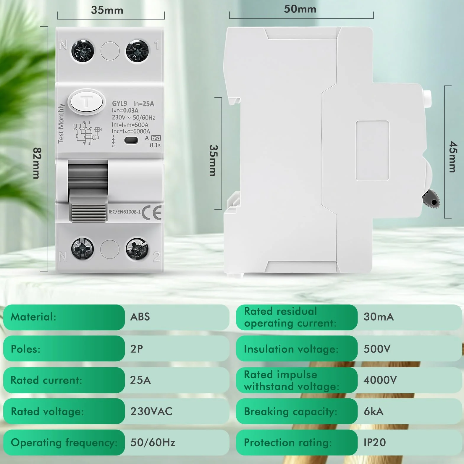 Interruptor Diferencial SuperInmunizado AC230V 2P Diferencial 25A 30mA Disjoncteur Différentiel Magnetotermico para el arranque ocasional de circuitos y motores tipo GYL9-2P-25A-0.03A-A
