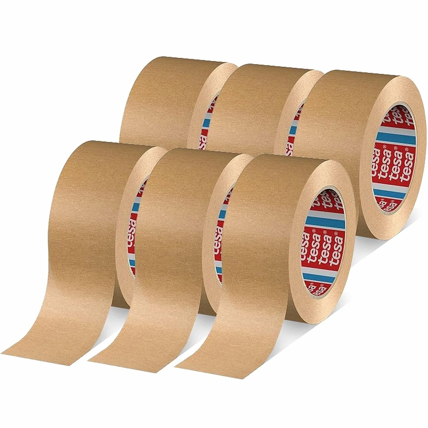tesa Pack 4713 - Paquete de 6 cintas adhesivas de papel para cerrar embalajes, reciclables y sin disolventes, color marrón, 6 rollos de 50 m x 50 mm