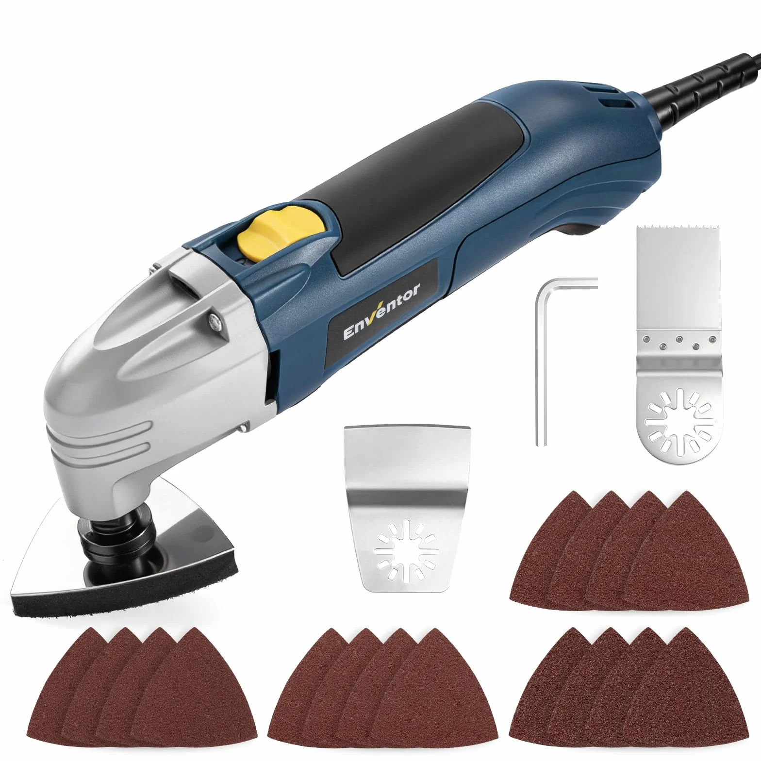 Enventor Multiherramienta Oscilante 200W, 22000 RPM, ángulo de oscilación de 3°, Herramienta Multifunción incluye 1 raspador, 1 hoja de sierra y 16 lijas para cortar, tallar y pulir