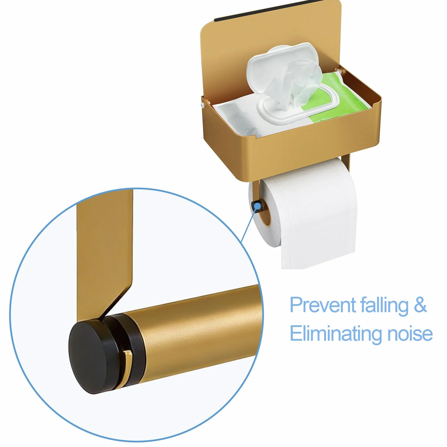 Caja para toallitas húmedas y papel papel higiénico Gypie sin taladrar, soporte dorado y acero inoxidable