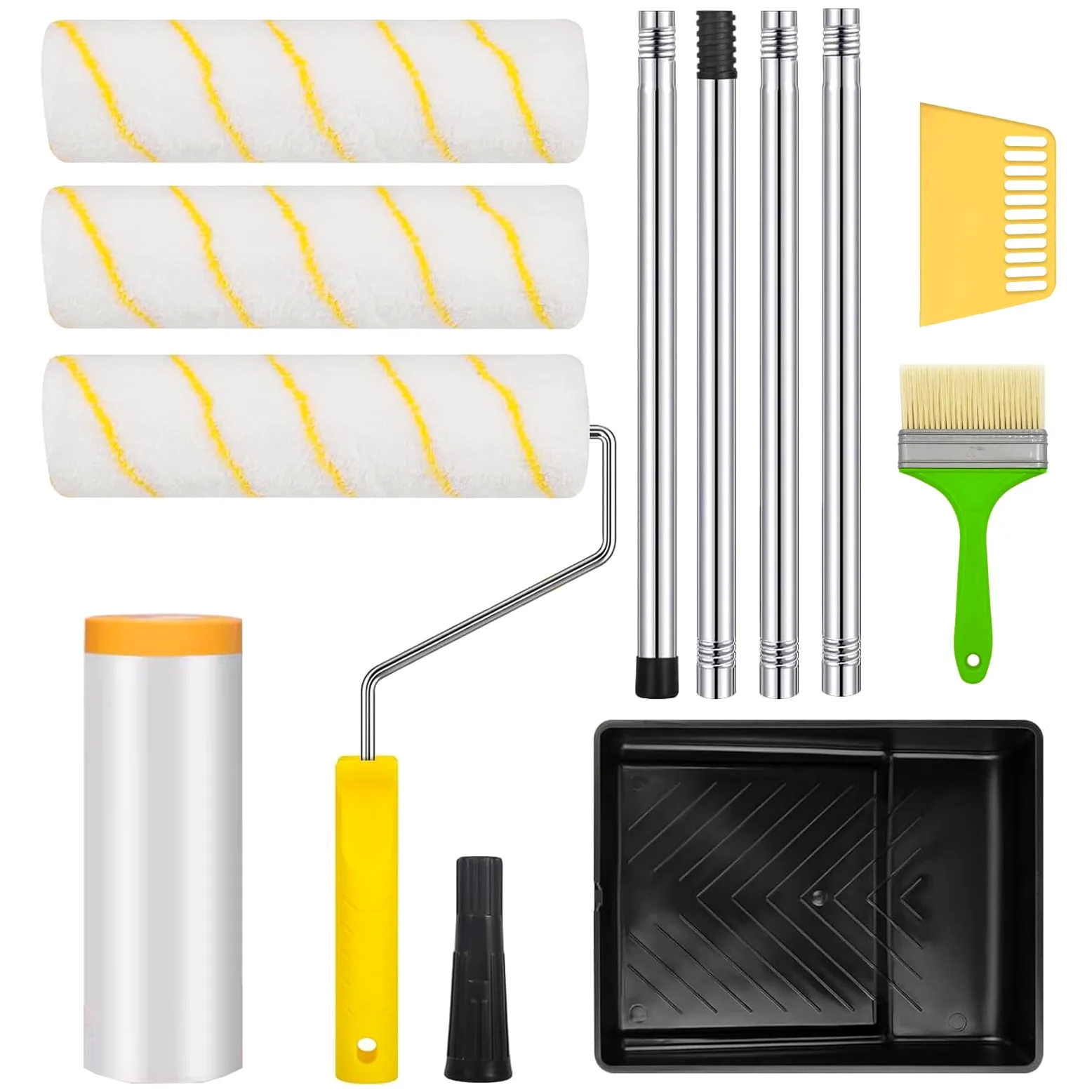 Kit Rodillo Pintura Pared, Rodillo con Accesorios, 3 Piezas Paint Roller 22 cm, Mango Alargado Reforzado 152 cm, Brocha para Paredes, Techo, Brocha Pintor, Cubeta Pintura