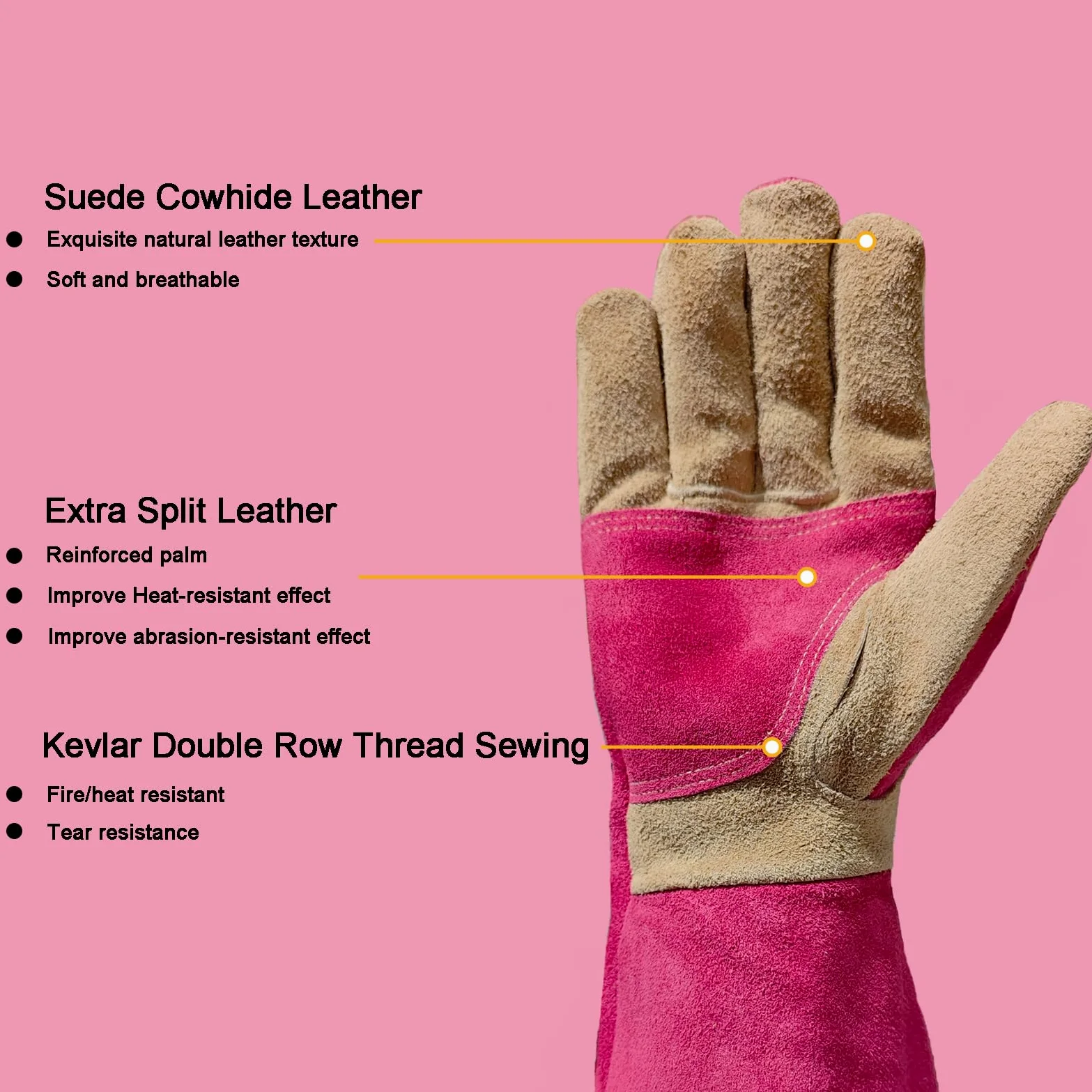 Guantes para barbacoa y soldadura de piel de vaca, de manga larga, guantes resistentes al fuego y al calor para chimenea, barbacoa, soldadura Tig Mig, chimenea, horno, horneado, estufa, rosa