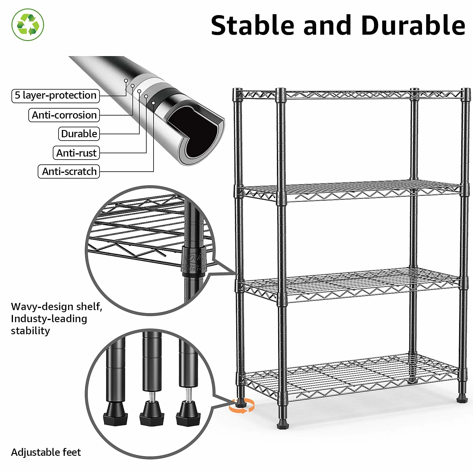 M MZG Estantería Metálica de 4 Nivele, Capacidad de Carga de 454 kg, Baldas Ajustables, para Garaje, Trastero, Lavandería y Cocina,Estudio,Negros, 35 x 60 x 135,8 cm