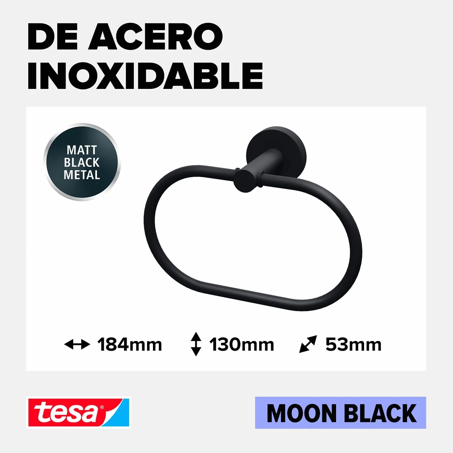tesa Anilla de Toallas Moon Black Negro Mate autoadhesiva 53 mm x 184 mm x 130 mm