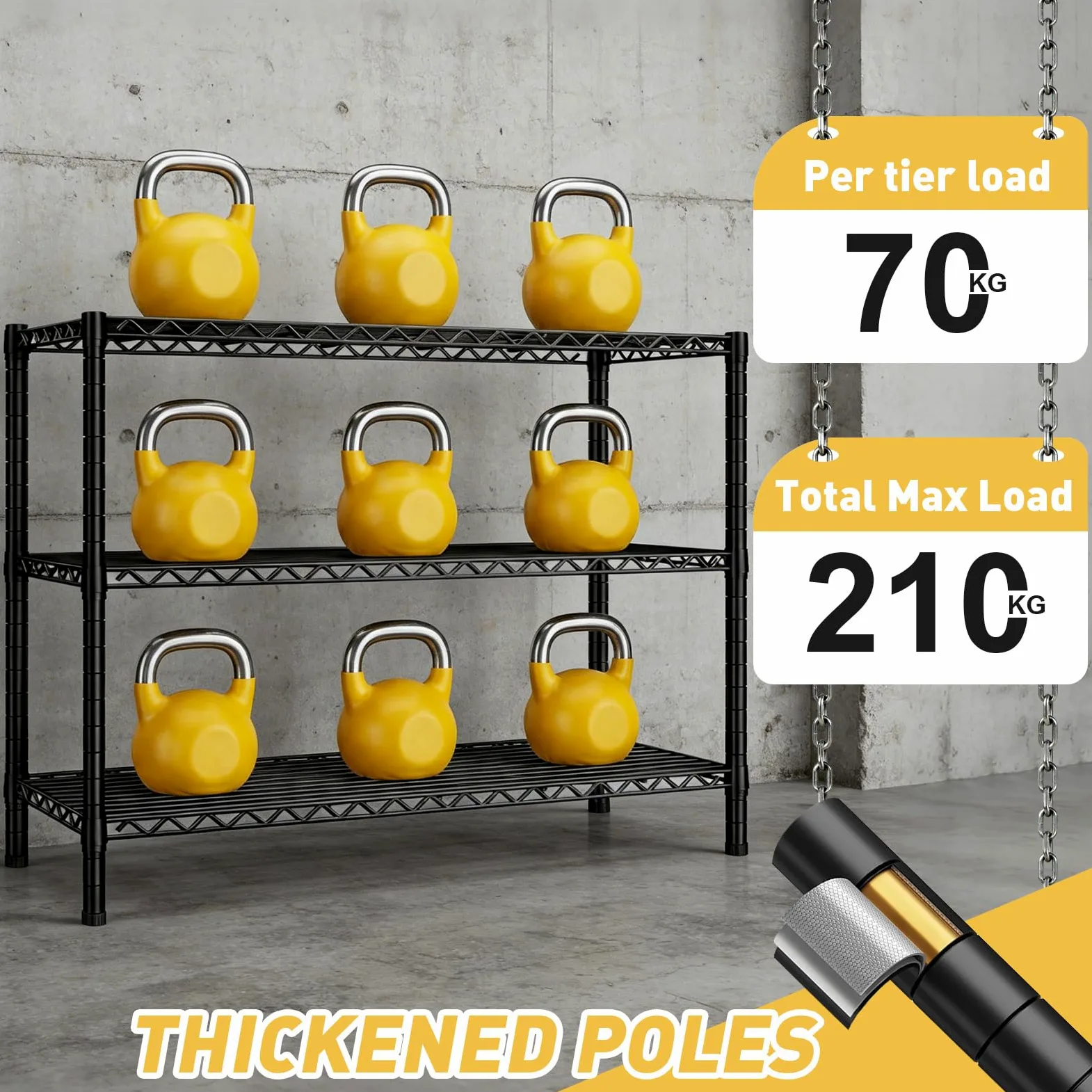 Estante Metálico de 3 Niveles,Ajustable,35.6x14x36,Negro | Estantería Resistente Para Cocina, Despensa, Garaje, Baño ,Cina, Despensa, Garaje, Baño
