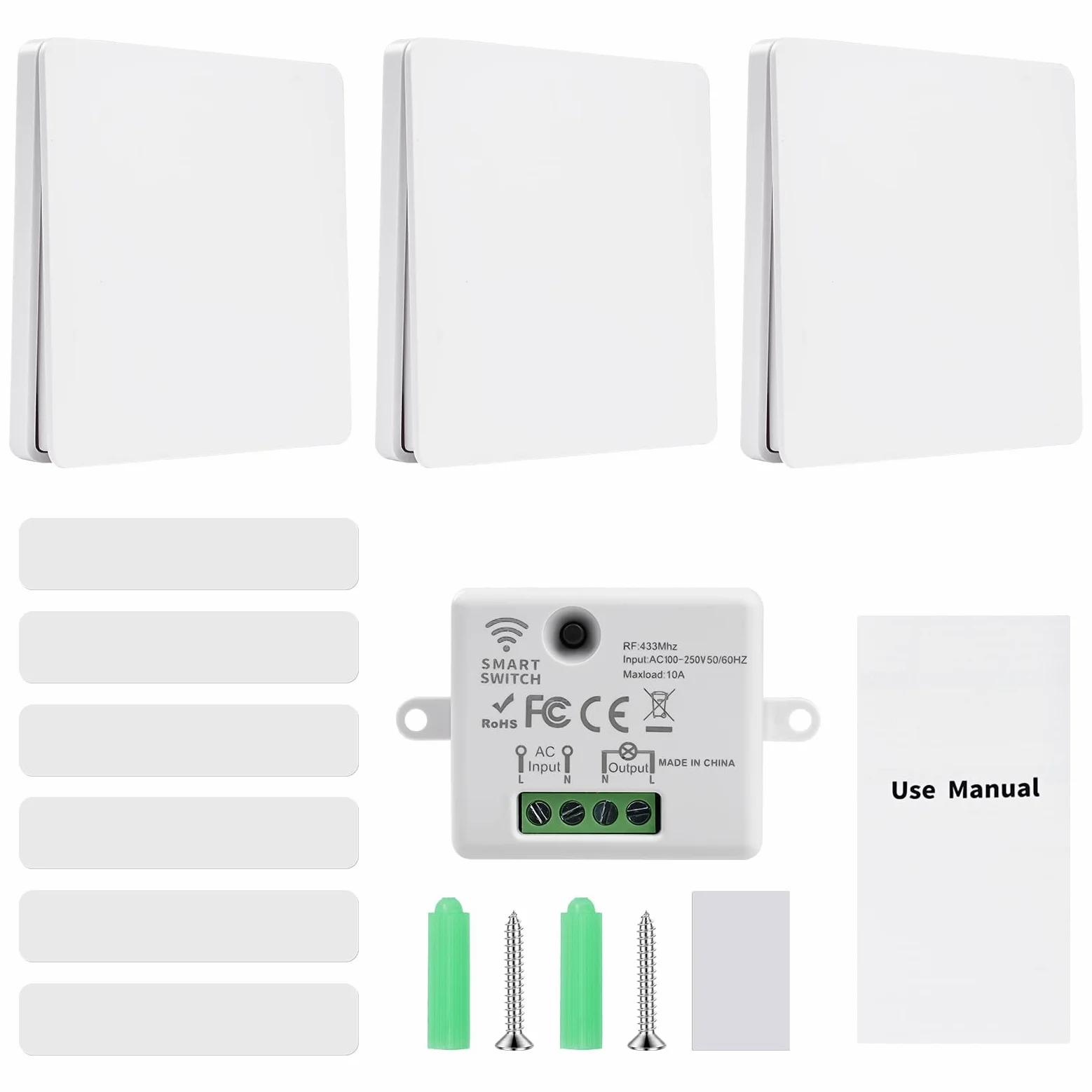 Interruptor Inalámbrico sin pilas RF433 240V 10A Interruptor Inalambrico con Receptor Interruptores Inalambricos Conmutador Inalambricos WHD05+WHZ03 (1 receptor + 3 paneles de control)