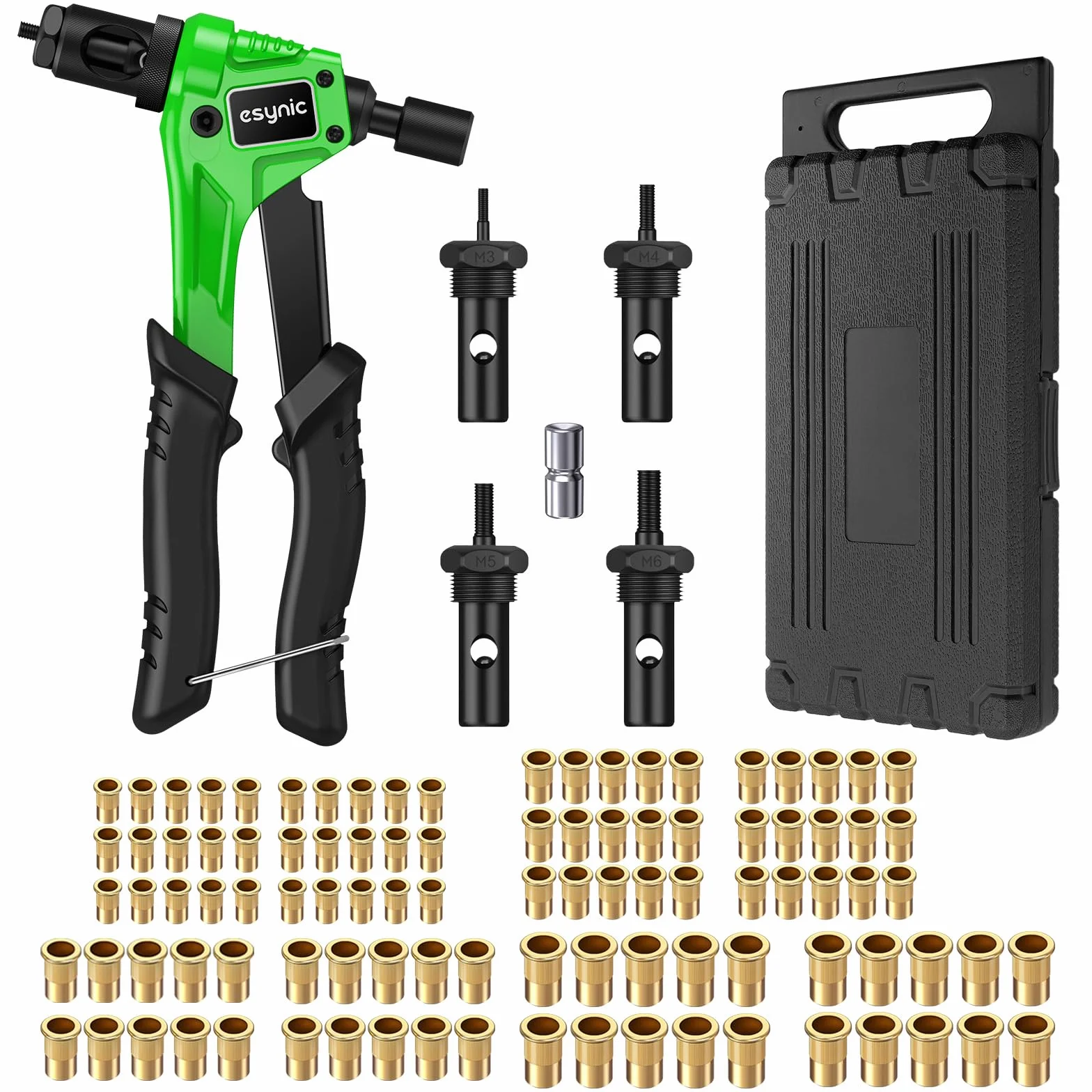 eSynic 8 "Remachadora de Tuercas, Pistola de Remachadora Manual con 100pcs de M3 M4 M5 M6 Tuercas de Remache y Un Estuche Resistente Herramienta Robusta y Ergonómica para Trabajos de Reparación