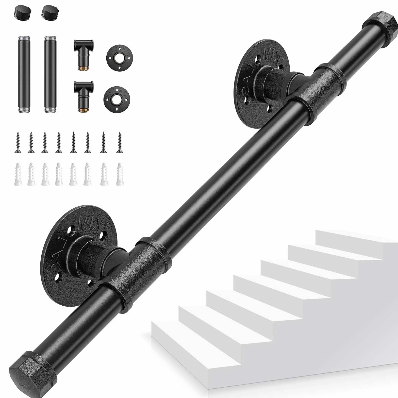 Pasamanos Escalera, 0,5M Pasamanos para Escaleras Interior Exterior, Pasamanos Negro con tubo de acero Galvanizado Industrial Antideslizante, Barandilla Escalera para Cocina Baño Jardín