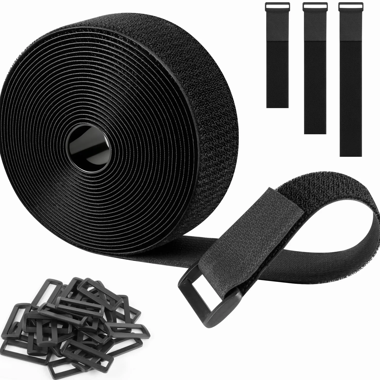 SURFOU Cinta Sujetacables Reutilizable de Nylon 6 m x 50 mm con 30 Hebillas, Autoadhesiva y Cortable a Medida, Bridas Ajustables para Organización de Cables, Mangueras y Tubos, Negro