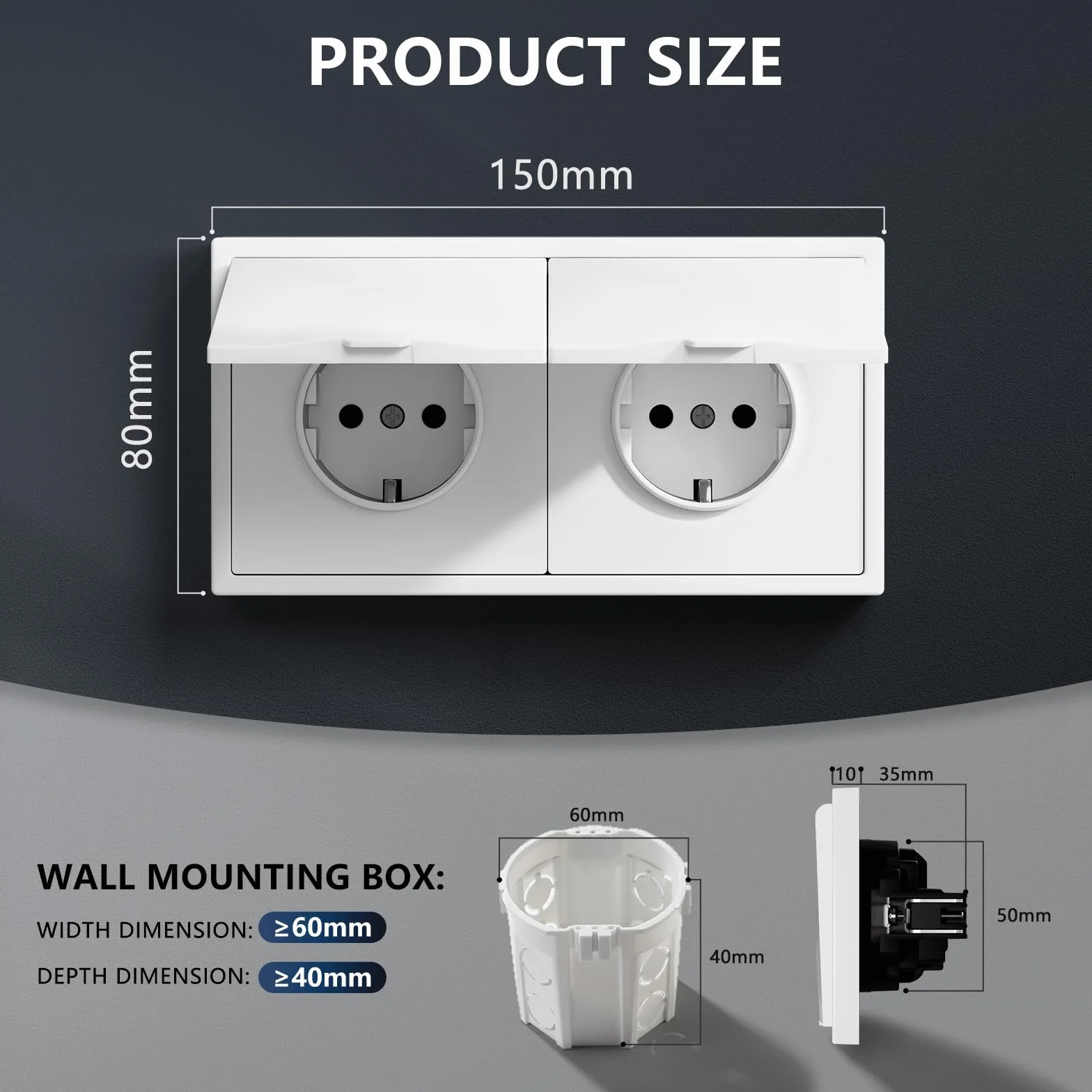 BSEED Enchufe Pared con Tapa Impermeable, Enchufe Doble Empotrable de PC con Garfio, Enchufes Blanco 2 Gang 150 * 80mm