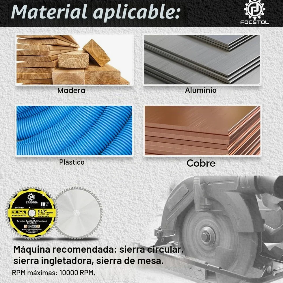 FOCSTOL Hoja Sierra Circular para Madera 165mm x 20/16mm - Disco para Corte Madera con 60 Dientes Para Plástico Aluminio Cobre