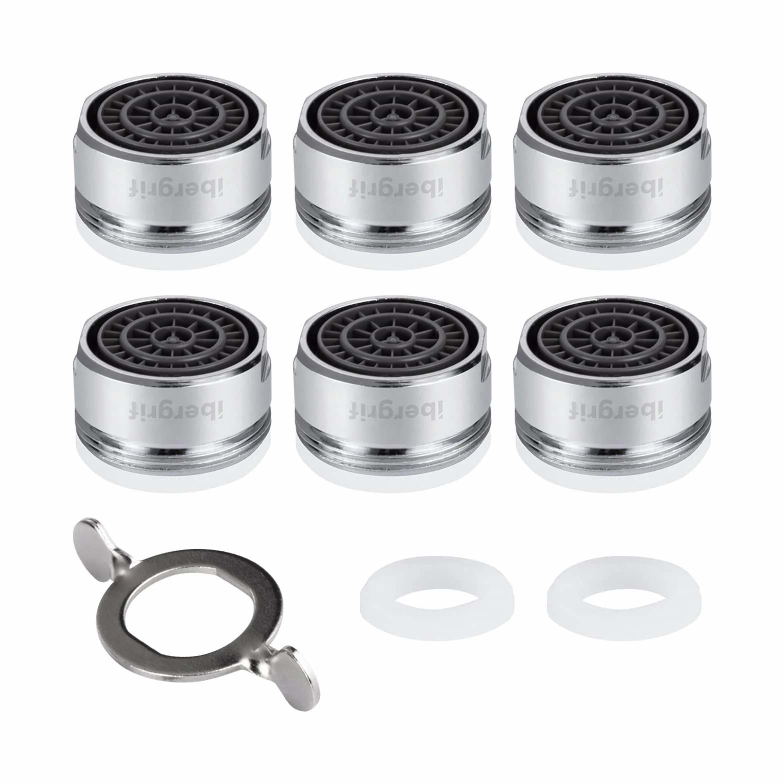 Ibergrif M91005 6 Piezas Aireador Grifo M24, Filtro Grifo de Lavabo de Cocina, Carcasa de Latón y Filtro de ABS, Incluye 8 Juntas y 1 Llave Inglesa, Plata