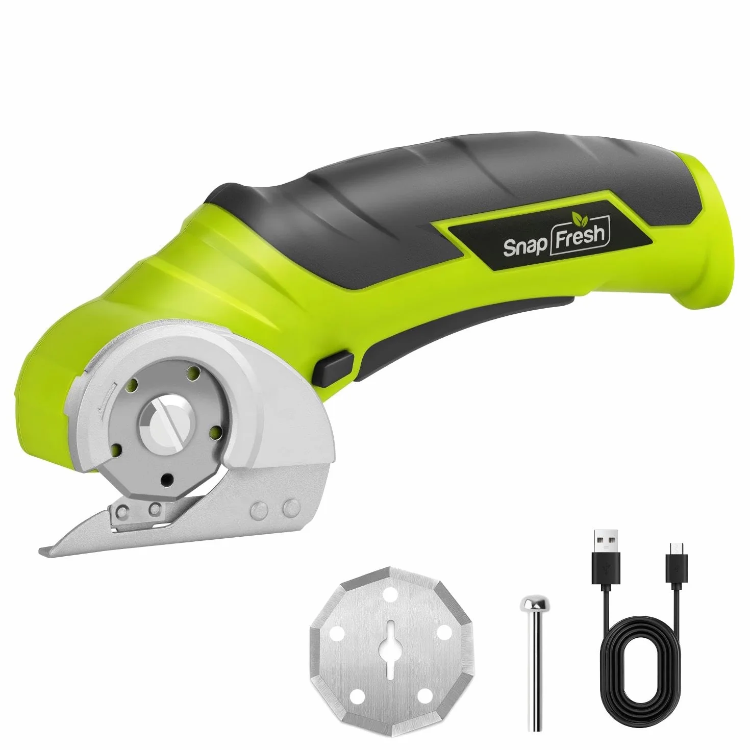SnapFresh Tijera Eléctrica Inalámbricas 4V, Cortador de Cartón con 2 Cuchillas Autoafilables, Carga USB-C, Adecuada para Cartón, Papel, Alfombra, Cuero, Plástico y Embalajes