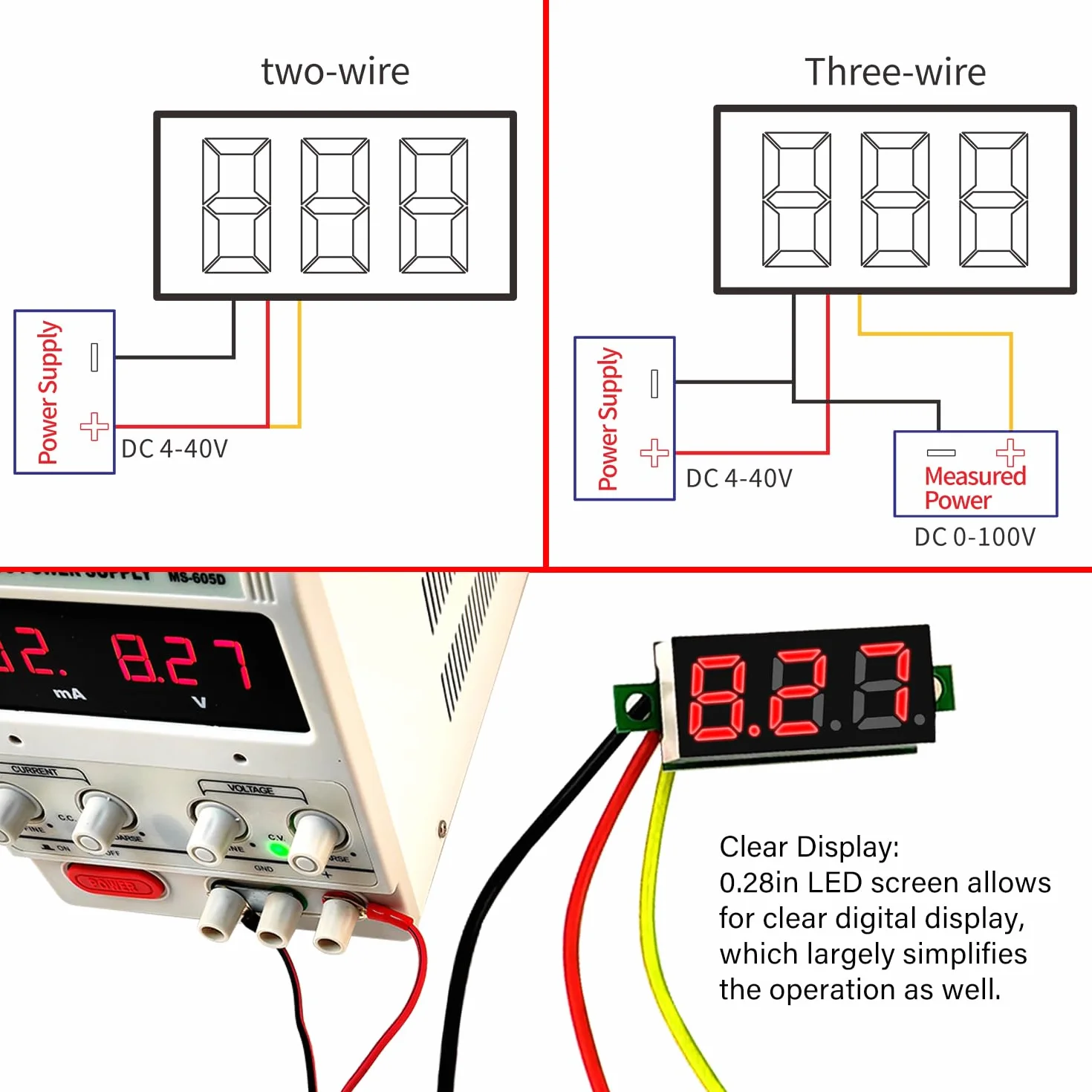 YIXISI Mini Digital LED Voltímetro 0.28" 0-100V DC 3 Cables Protección de Polaridad Medición Precisa