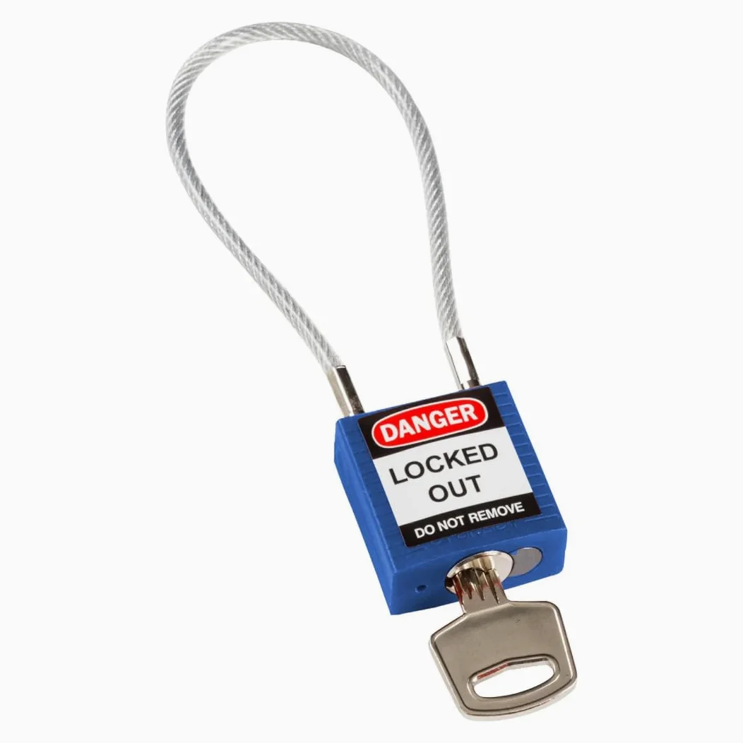Brady Candado de Cable Compacto Paquete de 1 - Bloqueo de Seguridad Lockout Tagout - Candado de Seguridad - Llaves Diferentes - 32mm x 35mm x 16mm - Longitud del Cable 200mm, Azul