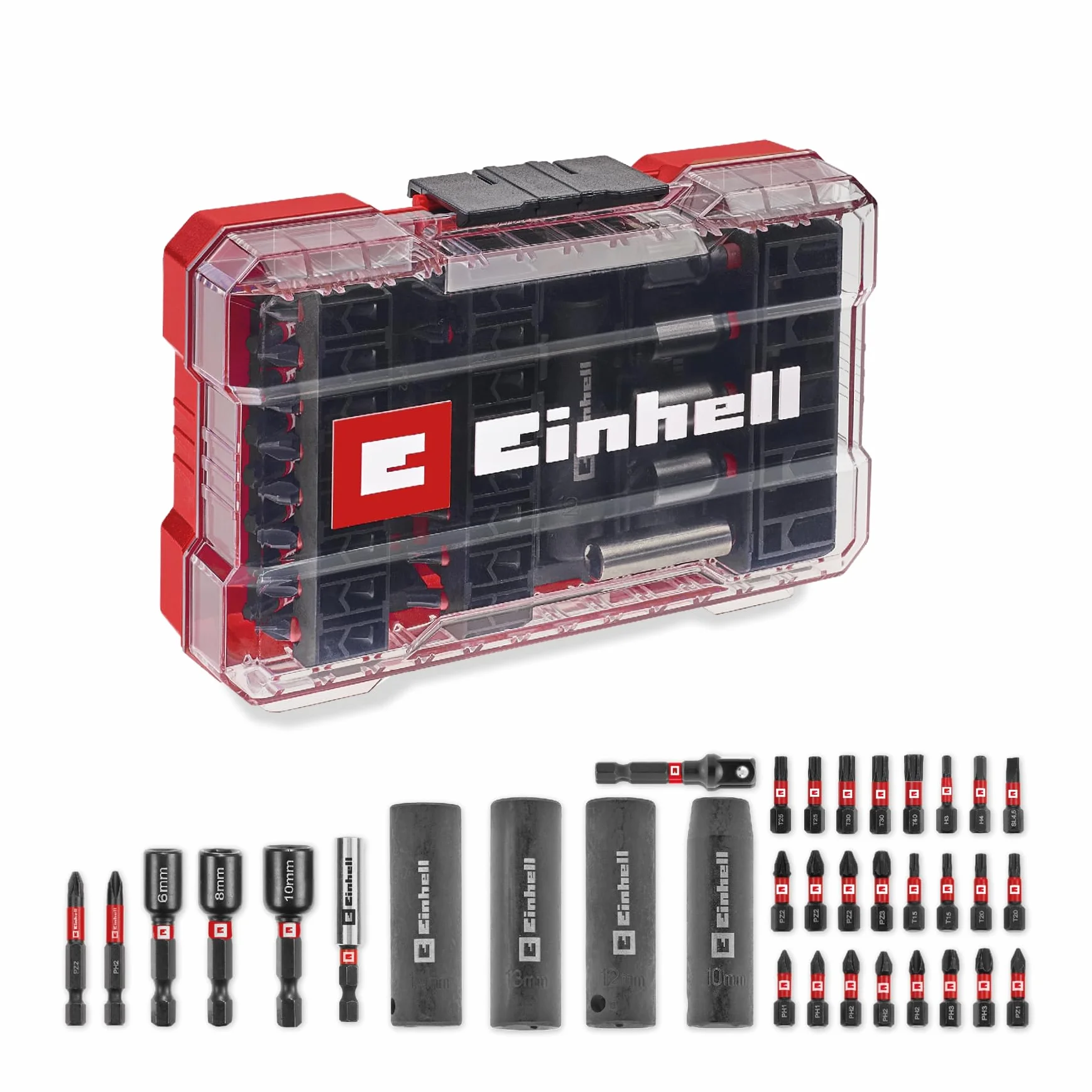Einhell M-CASE - Juego de 35 brocas de impacto y llaves de vaso (puntas de 25 mm, puntas de 50 mm, llaves hexagonales, enchufes largos, adaptador de enchufe, soporte de brocas de 60 mm, incluye caja