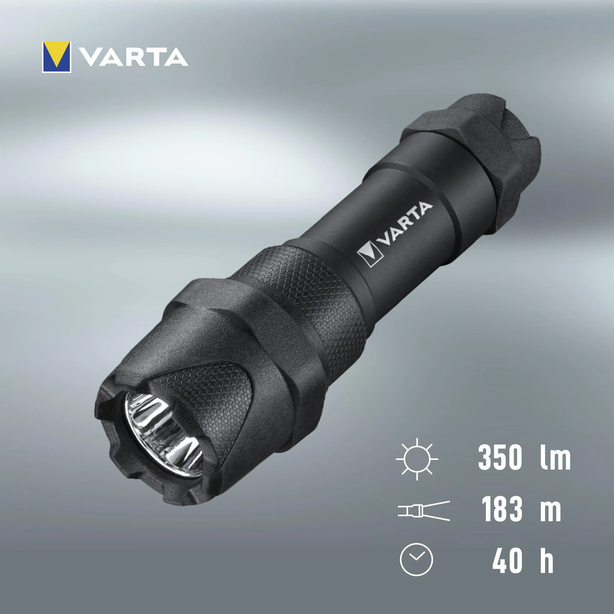 VARTA Indestructible F10 Pro 3,5 Vatios LED Linterna/Linterna de trabajo, incluye 3 pilas AAA de larga duración, resistente al agua y al polvo, absorbe impactos, carcasa de aluminio anodizado, negro
