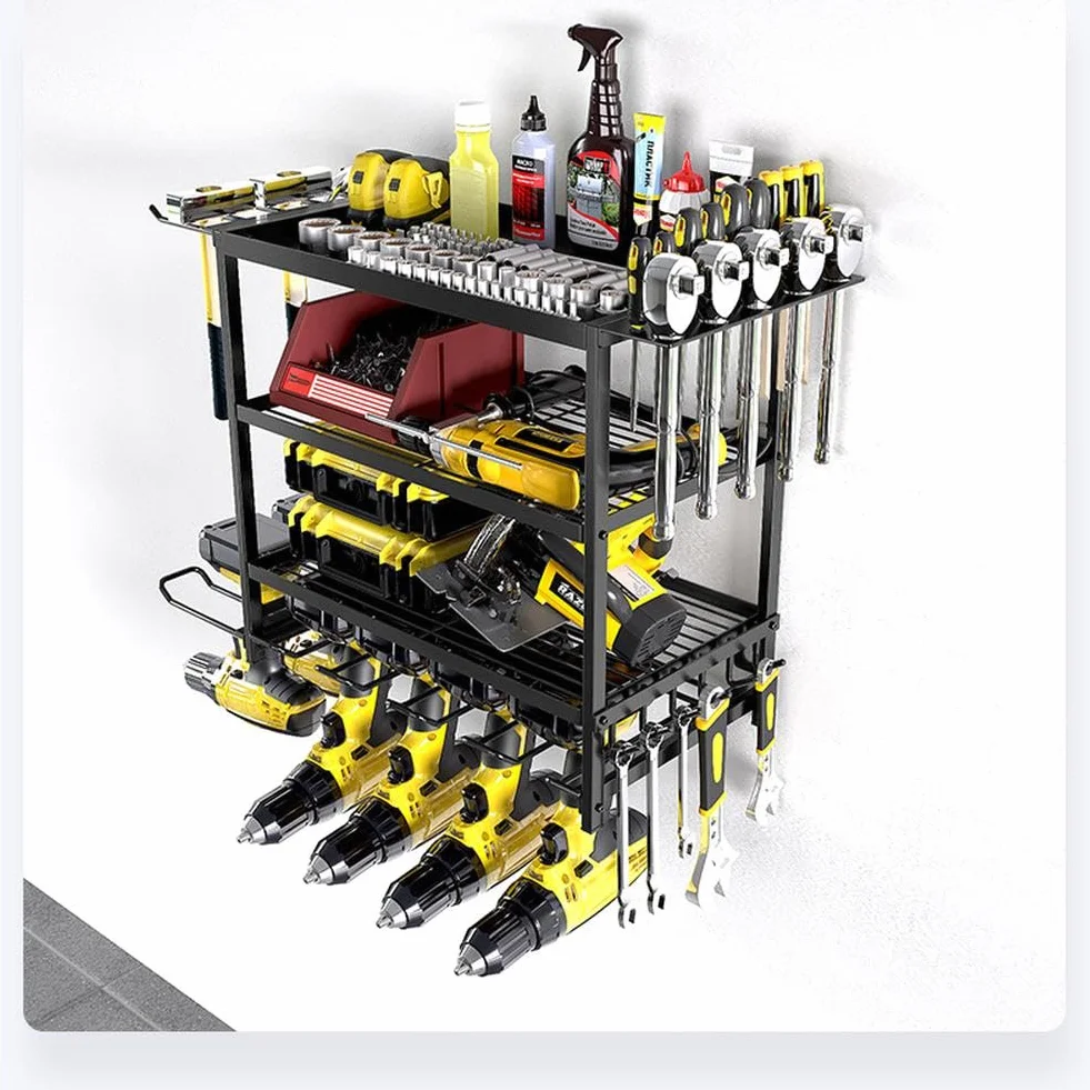 Soporte de pared para herramientas de 4 niveles, almacenamiento de herramientas para 4 herramientas eléctricas, soporte de pared, organizador para garaje, taller de coche, 59,5 x 24,5 x 41,5