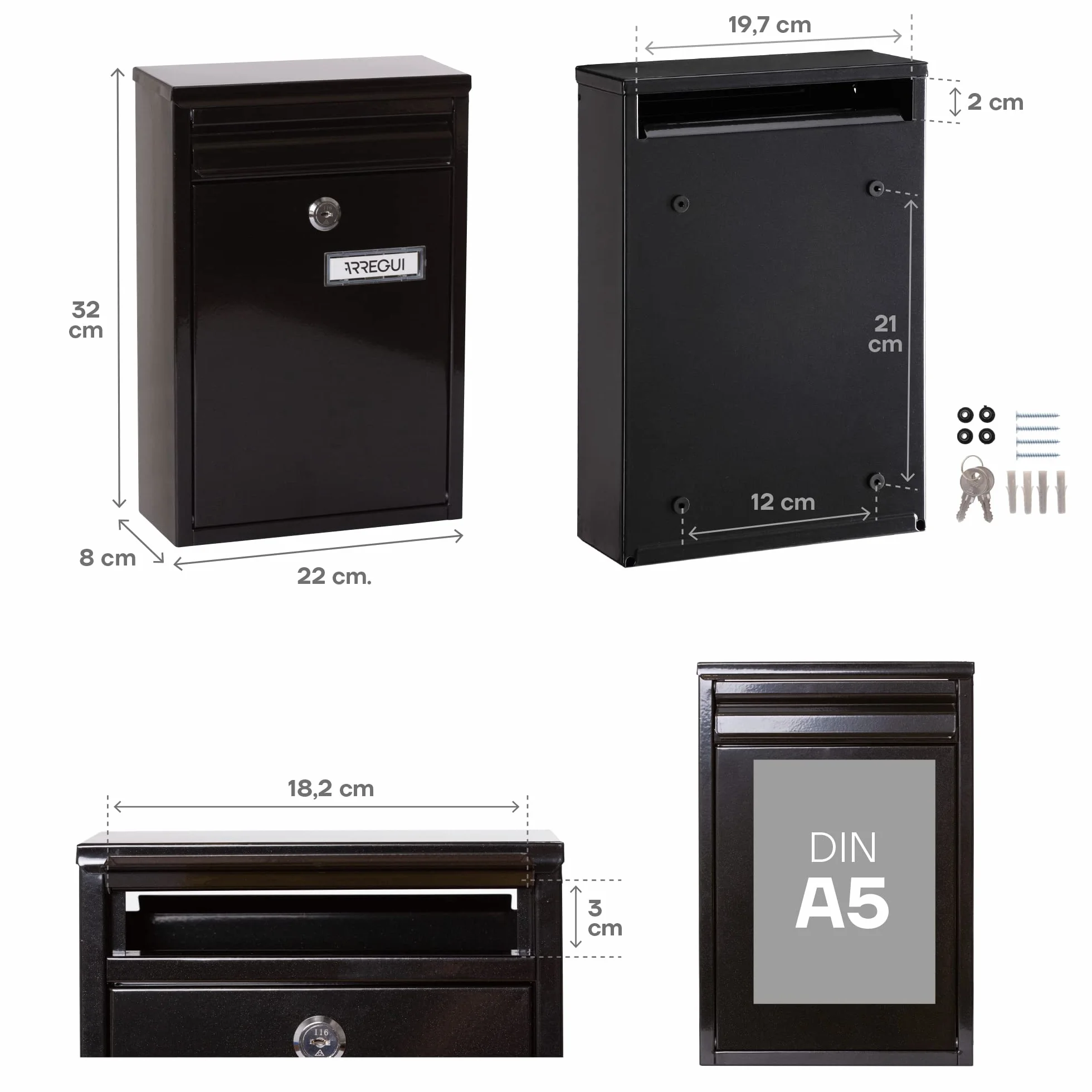 ARREGUI Zaguán E5754 Buzón Exterior de Acero Tamaño S (Correo DIN A5) | Buzón de Pared Pequeño | Buzón de Correo con Boca Trasera Recogecartas | Antilluvia | Fácil de Instalar | Negro