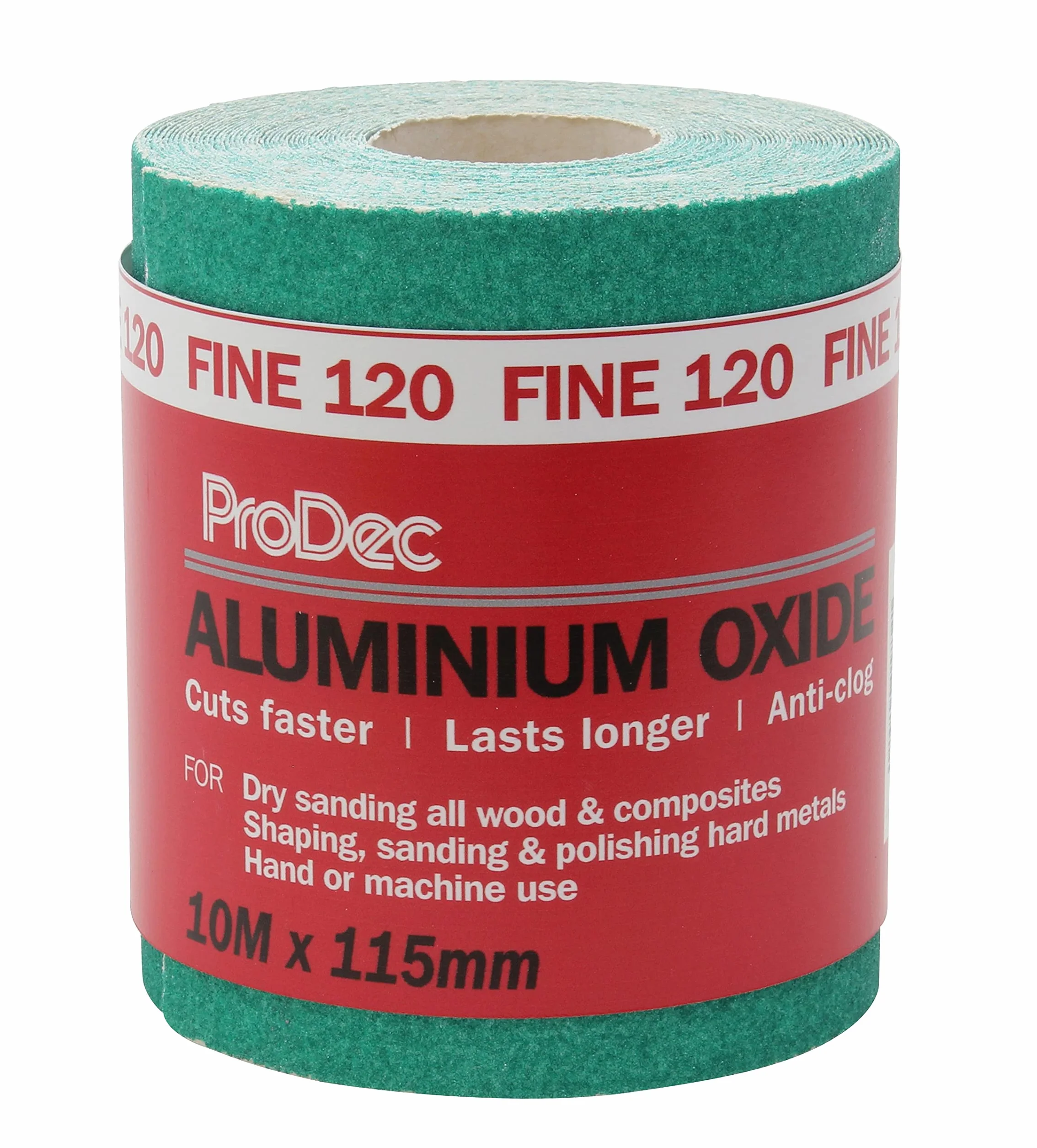 ProDec Rollo de 10 m de papel de lija abrasivo de óxido de aluminio verde de grano fino 120 para lijar madera, pintura, yeso, masilla, metal y más, 115 mm de ancho, compatible con lijadoras a máquina