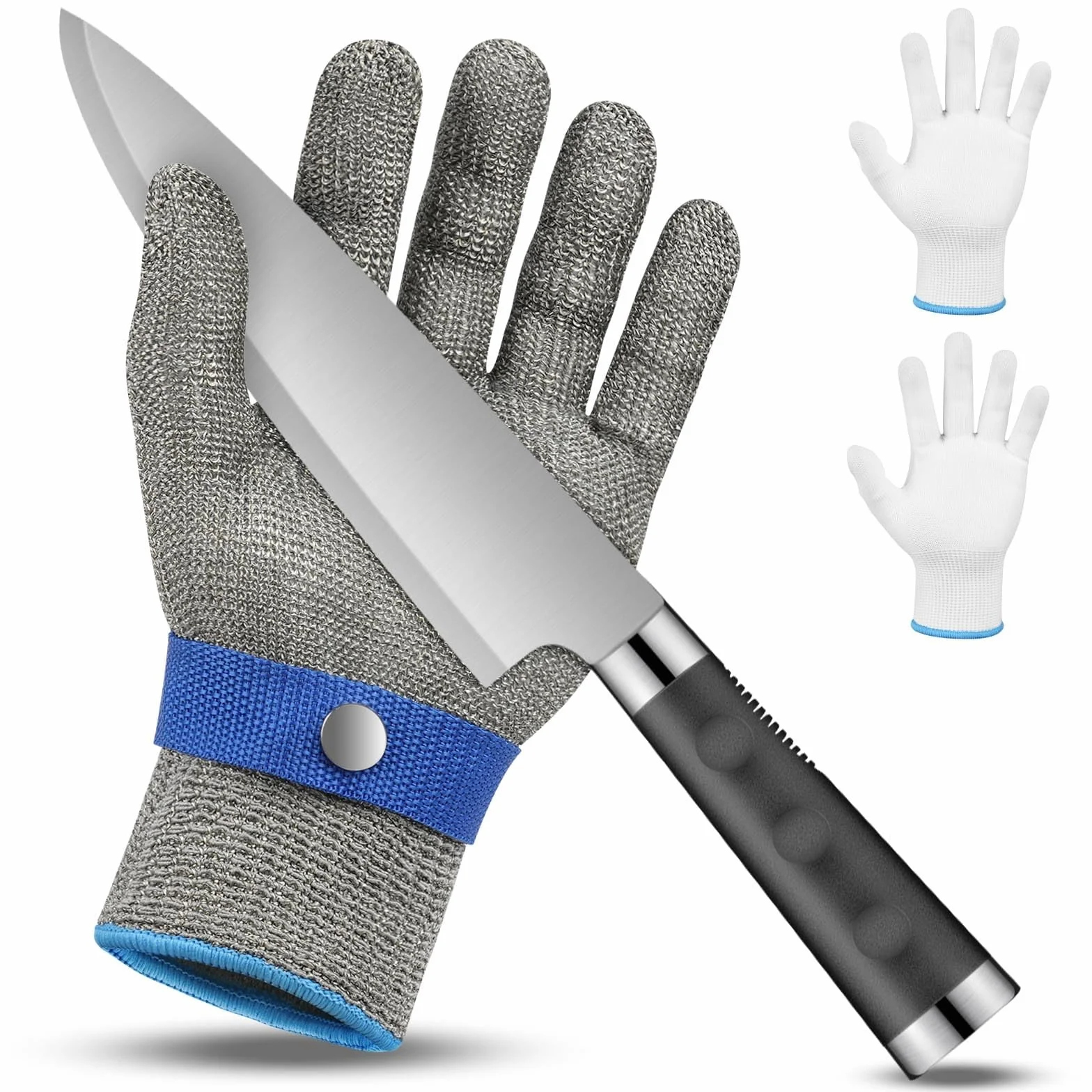 Flintronic Guantes Anticorte Nivel 9, Guantes de Malla de Acero para Trabajo, Protección de Seguridad, Carnicero, 2 Manos de Nailon, Talla M