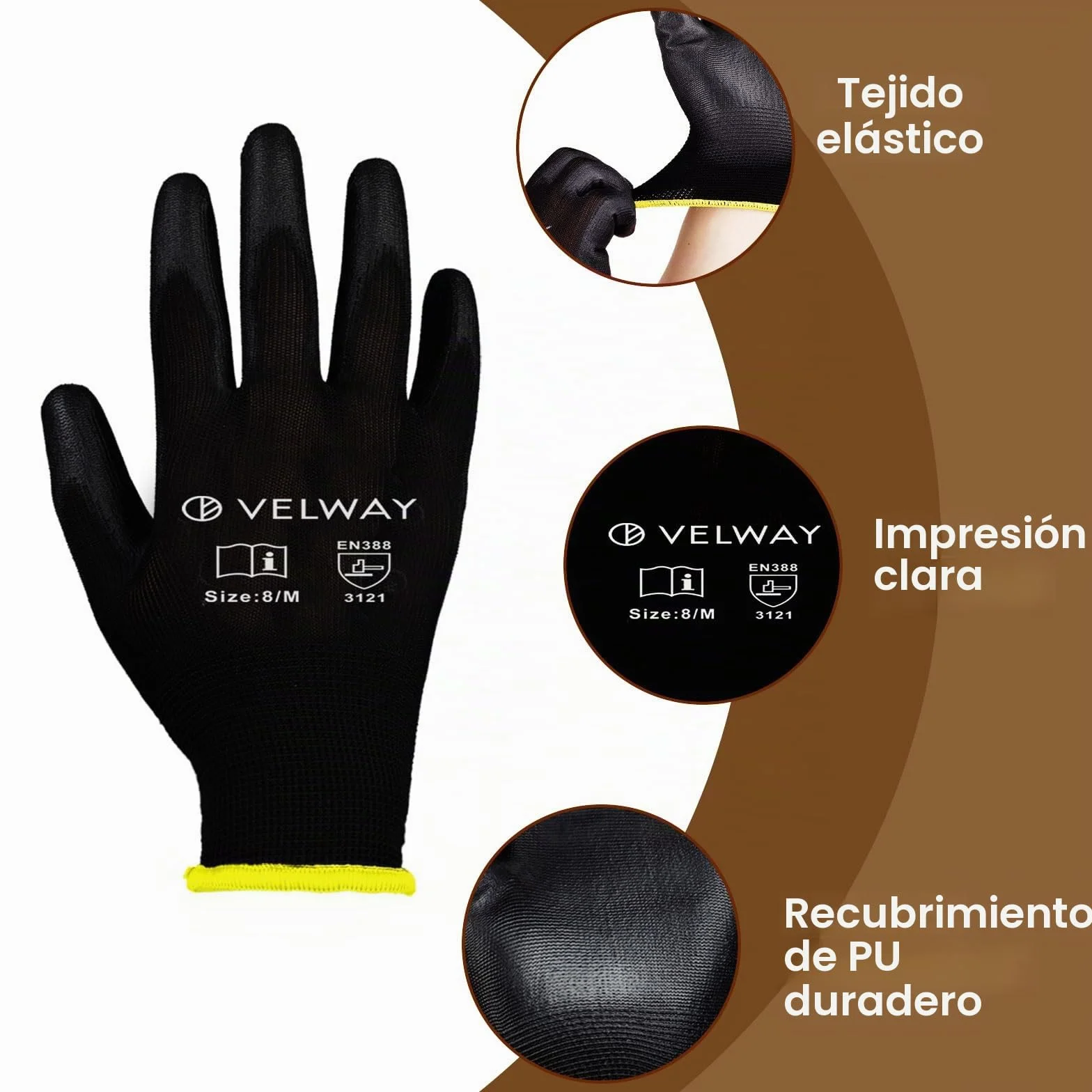 Velway Guantes de Trabajo Talla 8 Alta Resistencia Recubrimiento Poliéster PU Protección Mecánica Negro