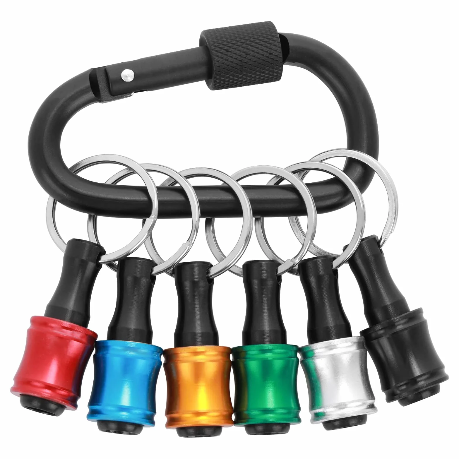 Prasacco 6 soportes para brocas, vástago hexagonal de 1/4 pulgadas, extensión de broca de aleación de aluminio, llavero con mosquetón negro, 6 colores