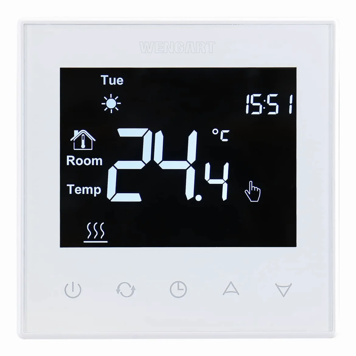 Wengart Termostato Negro Inteligente WG505 (16A), Pantalla Táctil LCD para Calefacción Eléctrica por Suelo Radiante, Doble Sensor (Aire/Suelo), Programable, Apto para Caja Cuadrada 86mm