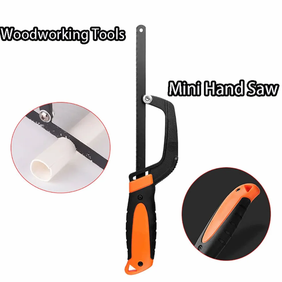 Mini sierra para metales, marco portátil de aleación de aluminio para carpintería, corte de PVC y bricolaje, naranja/negro