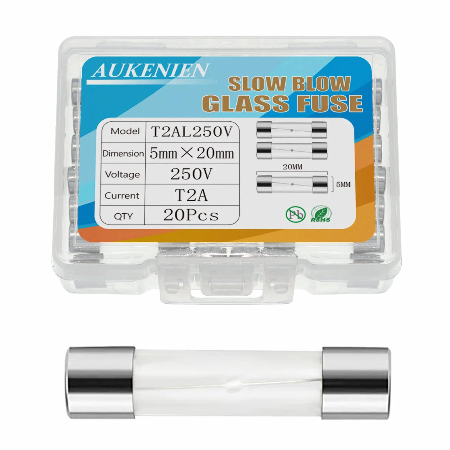 Fusibles de Vidrio de Soplado Lento 5x20MM T2A 2A 250V Retardo de Tiempo Kit