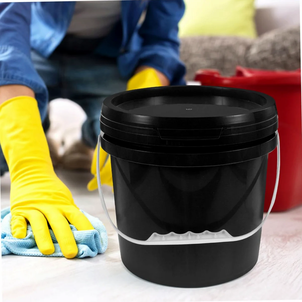Cubo de Plástico con Tapa y Asa, 10l, Negro para Pintura | Recipiente Reutilizable de Pp, Boca Ancha, para Almacenar y Transportar Líquidos, Uso Profesional
